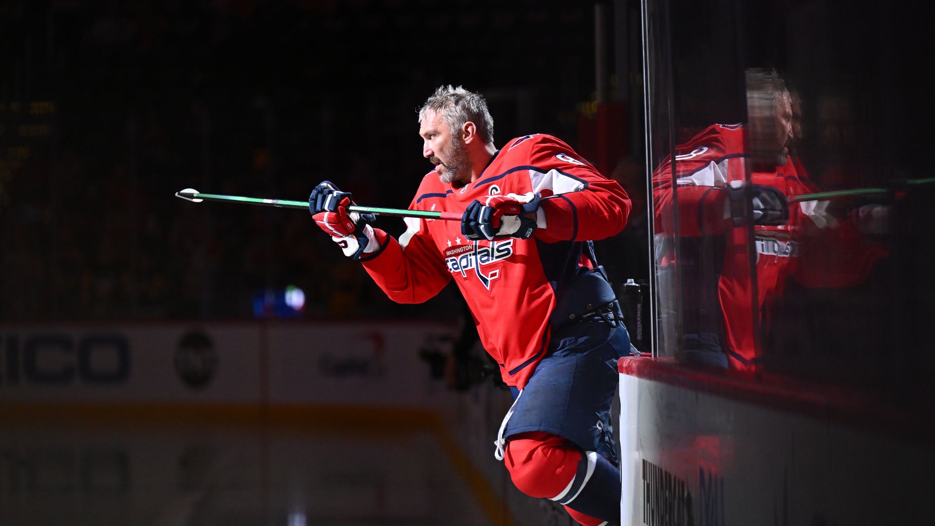 Alex Ovechkin #8 of the Washington Capitals takes the ice for pregame warm ups before a game against the Pittsburgh Penguins on April 12, 2026 at Capital One Arena in Washington, D.C. (Photo by Jamie Sabau/Getty Images)