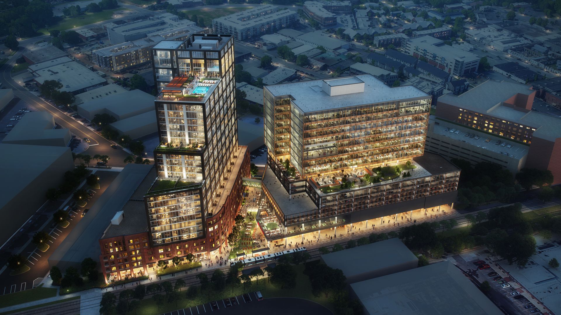 Rendering of a large building with a pool on the rooftop