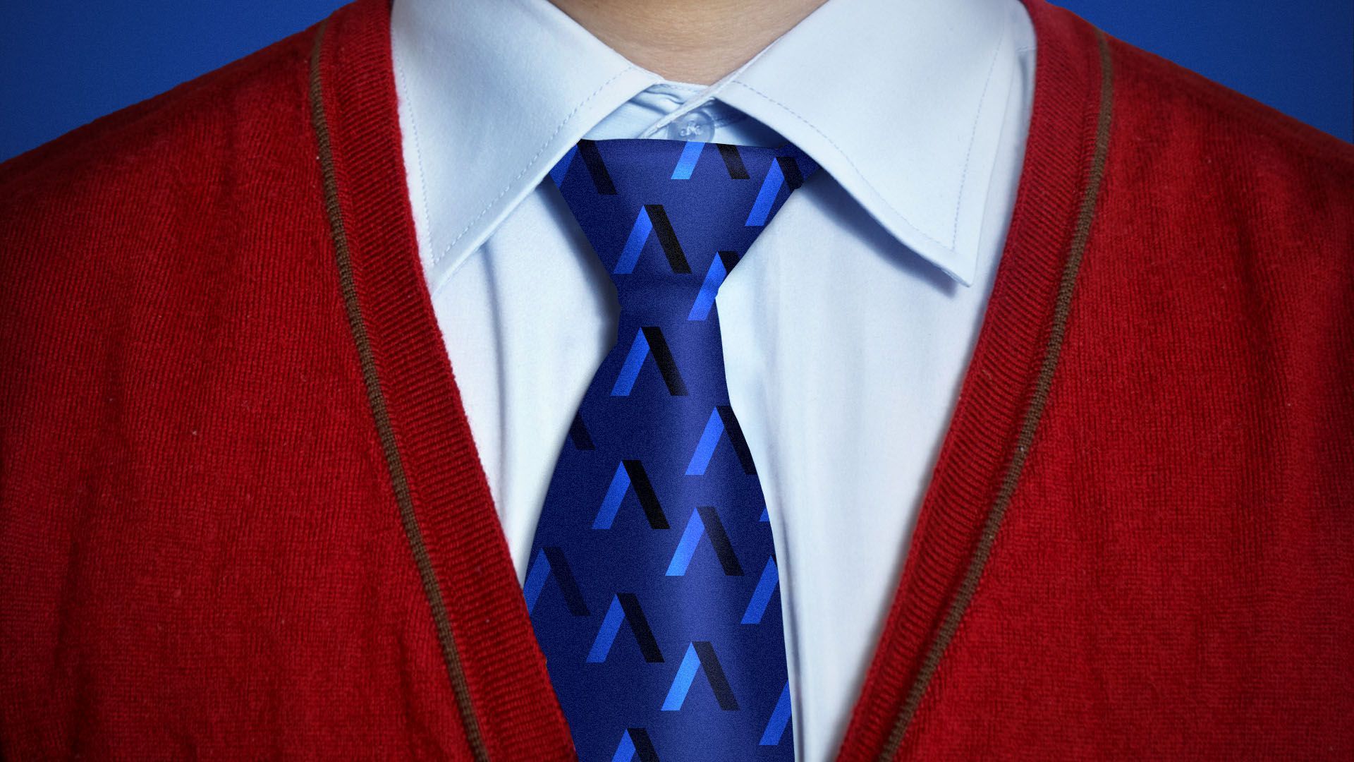 Illustration of person in a red cardigan and tie with an Axios logo pattern.