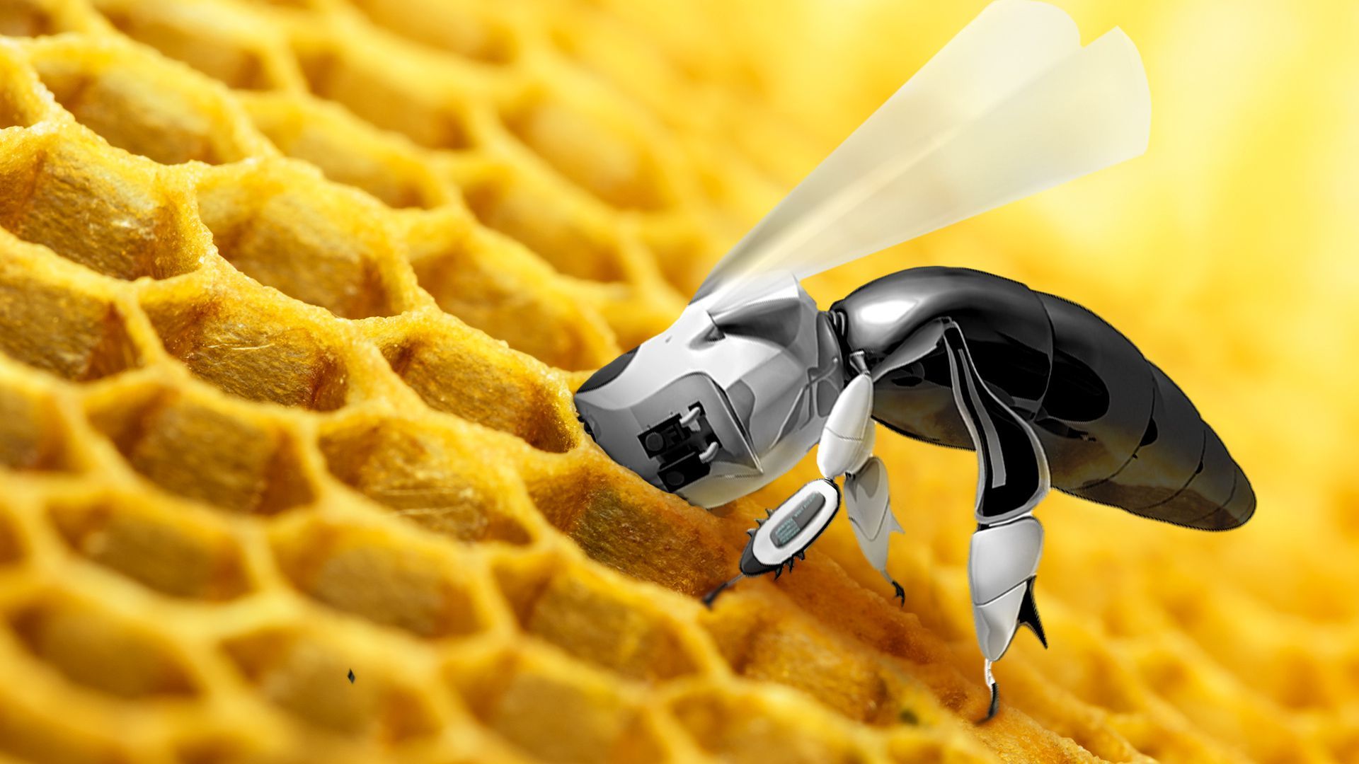 Illustration of a robot bee inside of a honeycomb.  