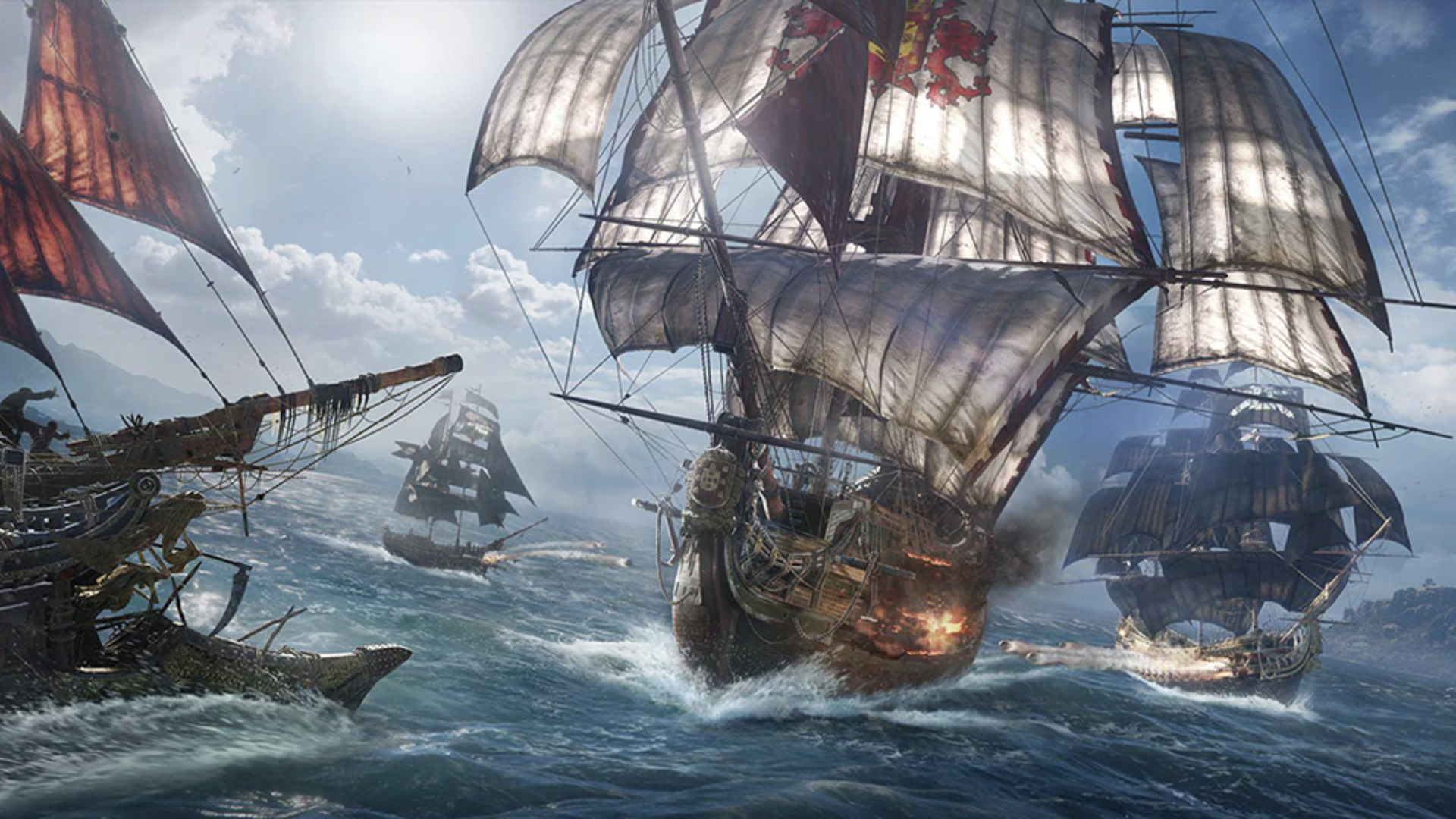Video game image of pirate ships battling