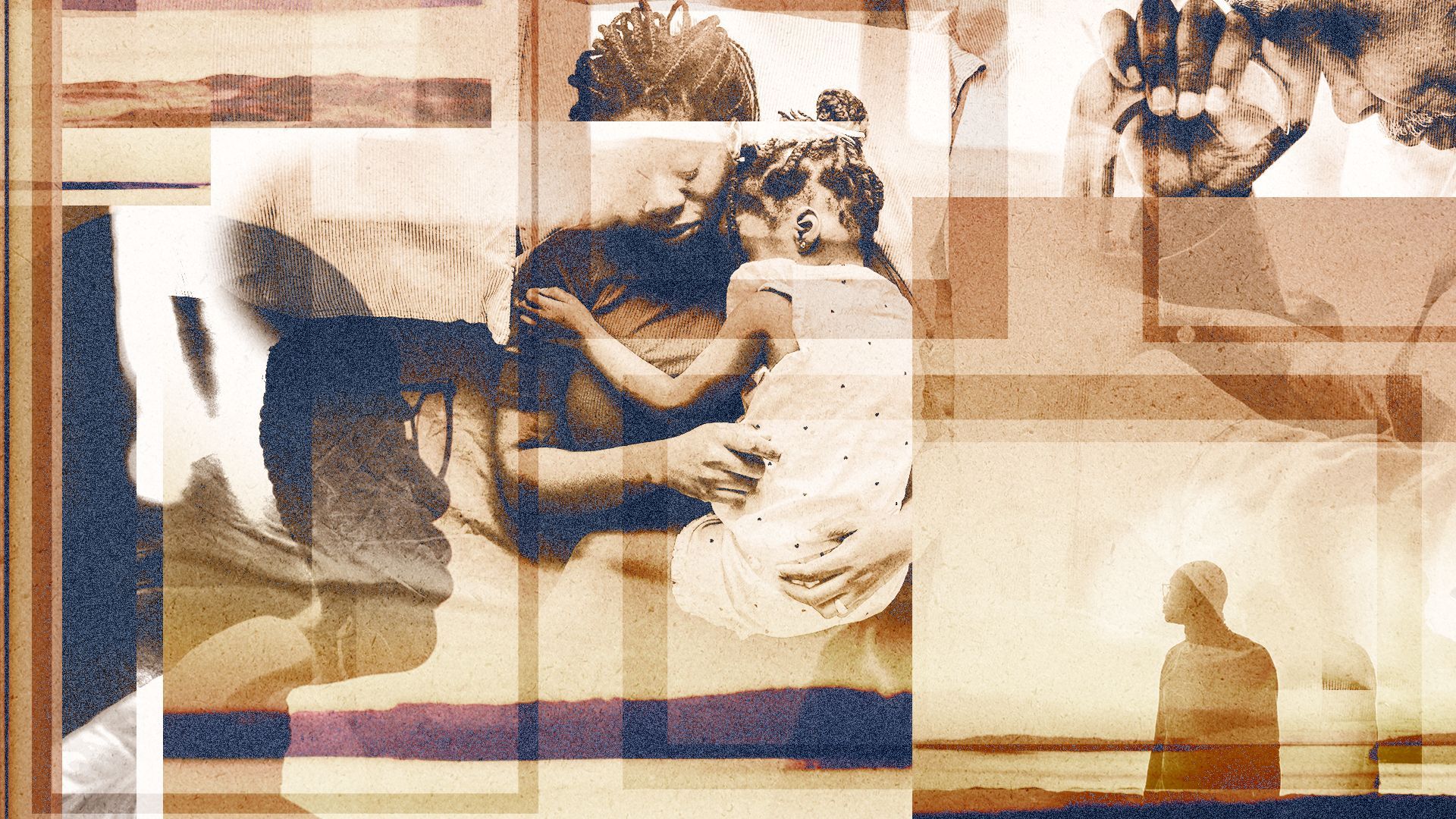 Illustration of a collage of anonymous Black people with rectangular frames and faded landscapes.