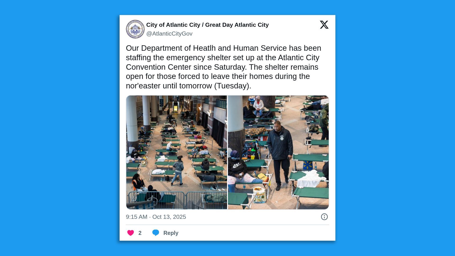 Emergency shelter at the Atlantic City Convention Center with rows of green beds and people resting, operated by the Department of Health and Human Services during the northeast period through Tuesday.
