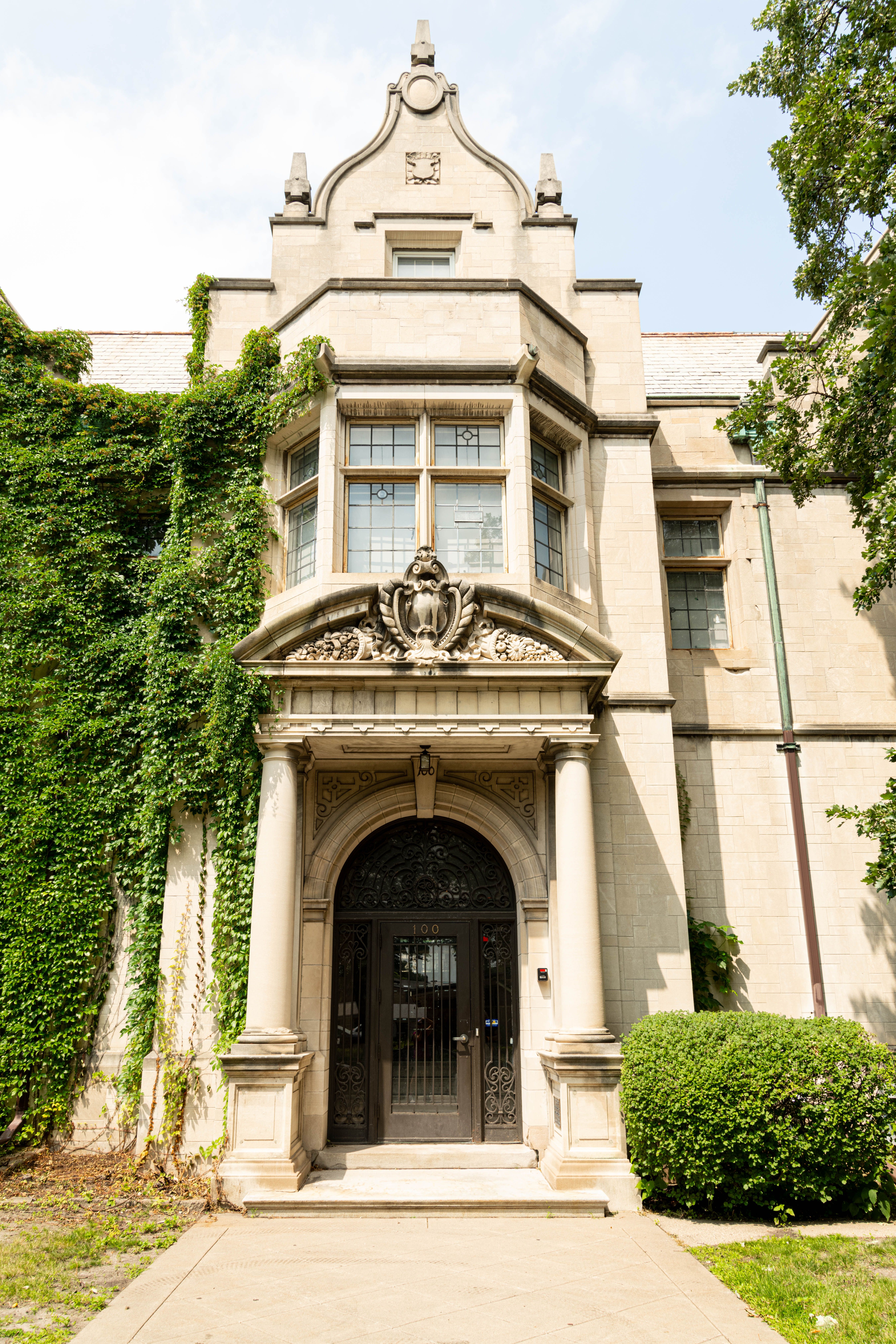 The front of a castle. 