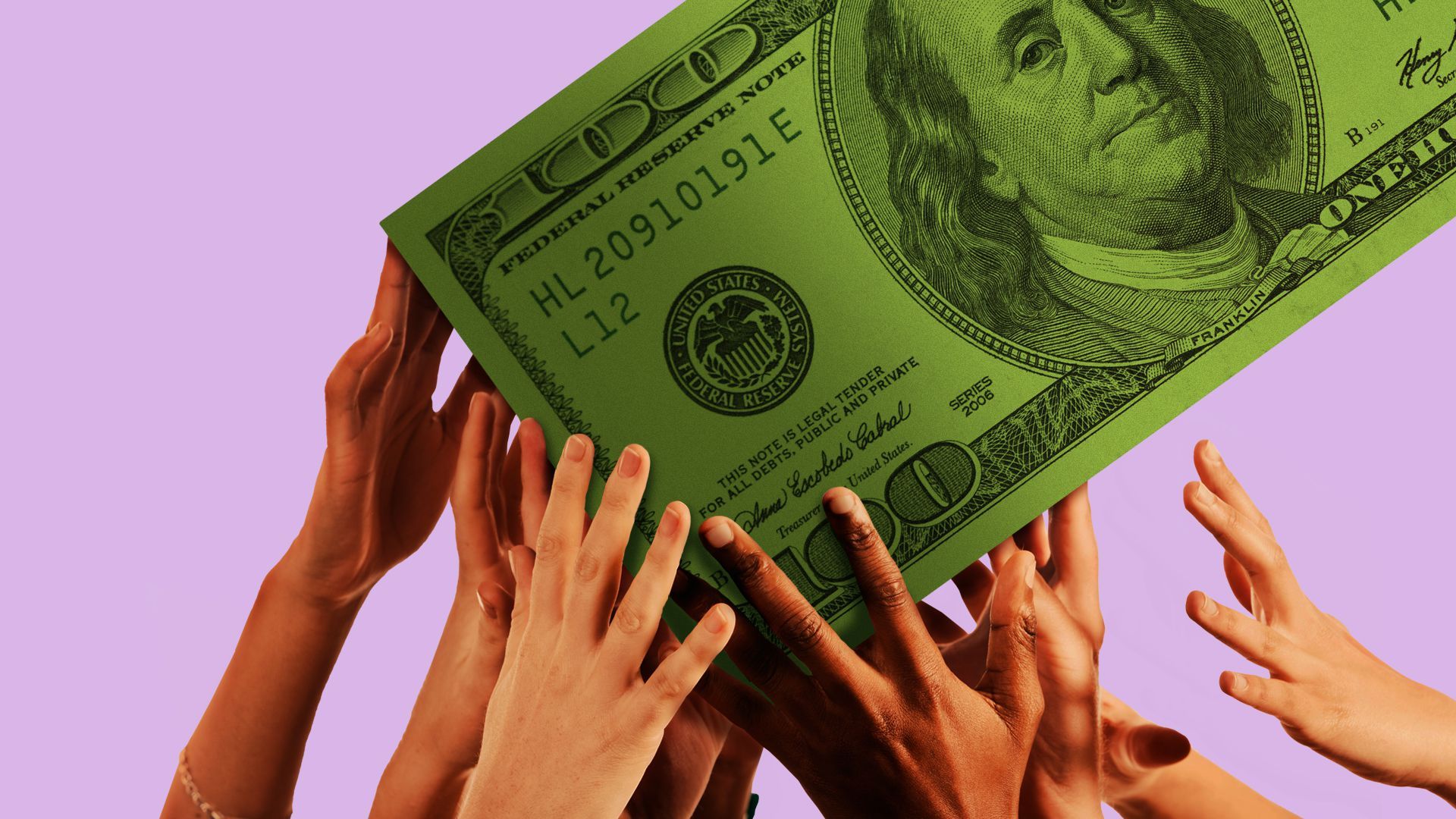 Illustration of hands reaching for a giant dollar