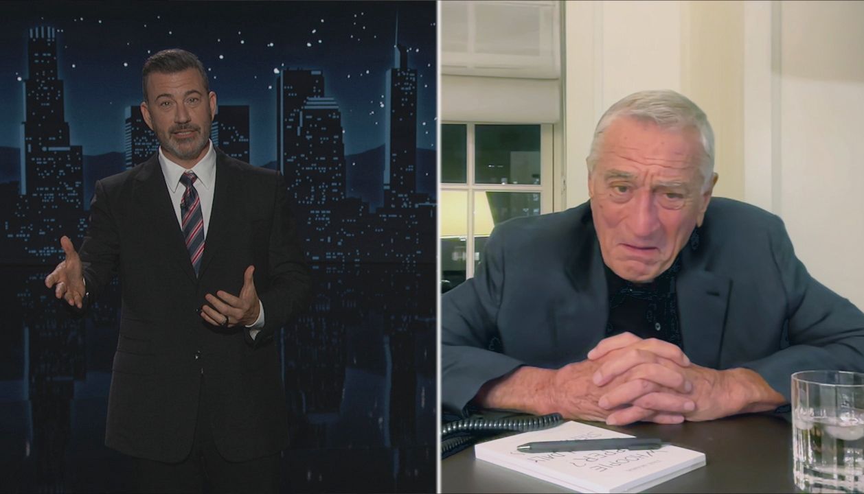 This split screen image released by Disney shows host Jimmy Kimmel, left, and Robert De Niro on "Jimmy Kimmel Live!" in Los Angeles on Tuesday, Sept. 23, 2025. (Disney via AP)