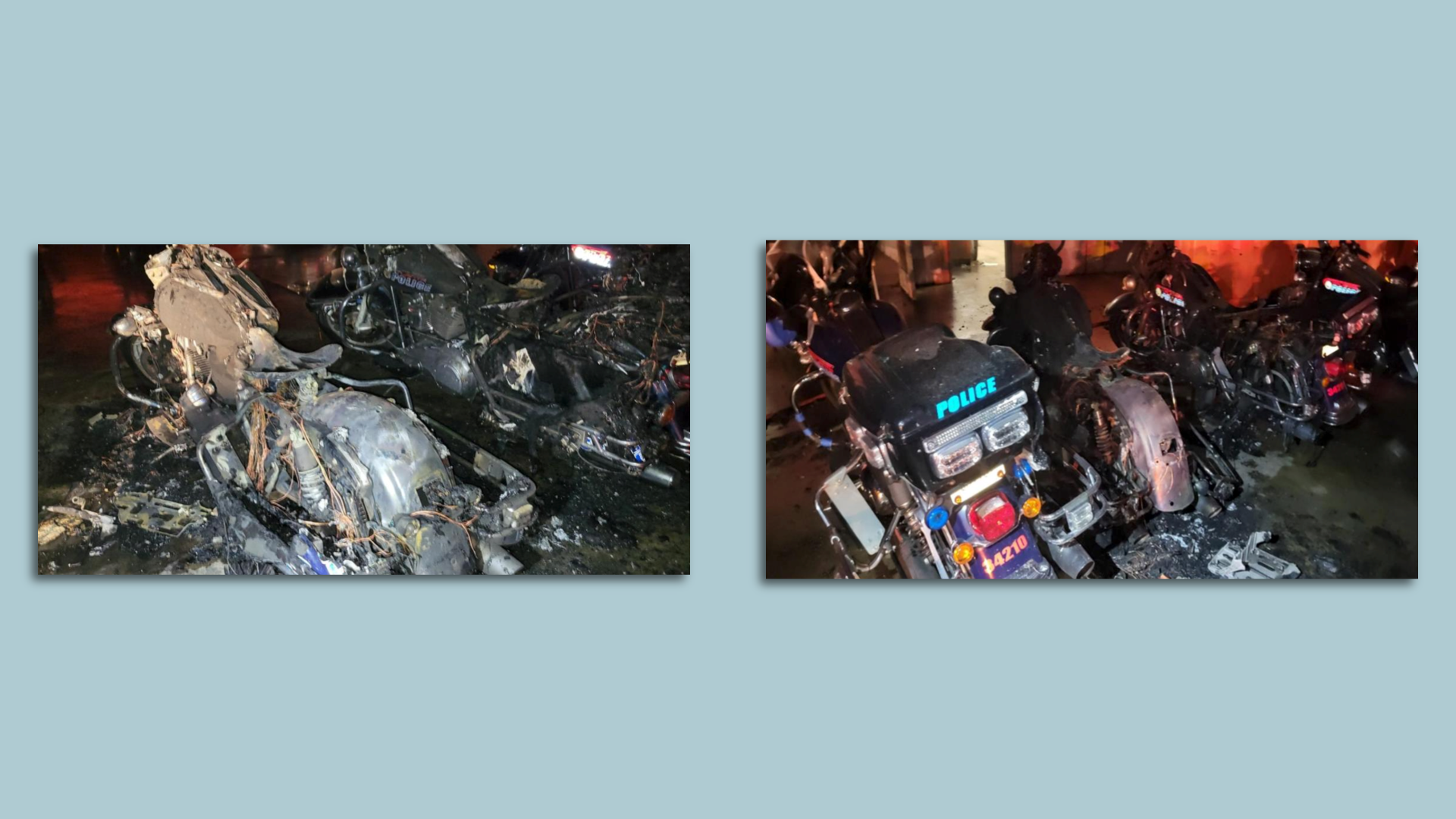 Two images of Atlanta police motorcycles that were burned in July 2023.
