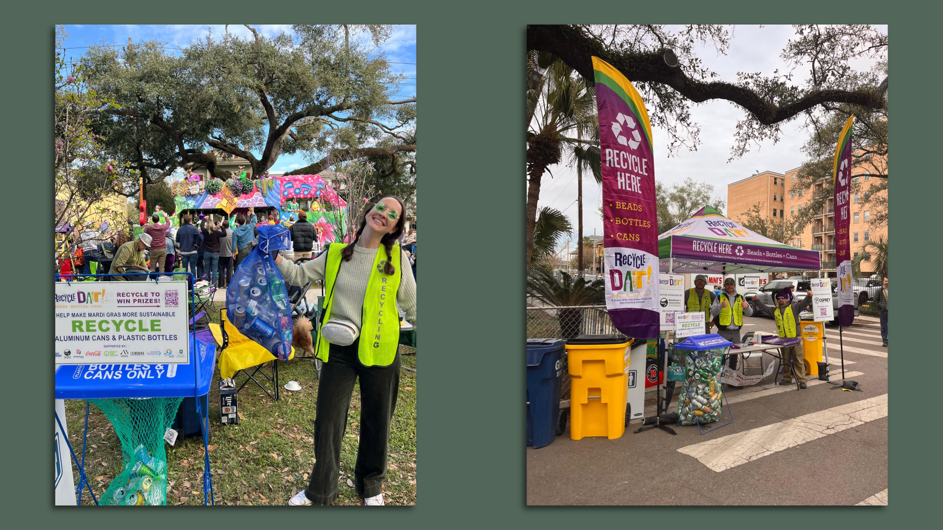 In two side-by-side photos, volunteers collect recyclables along New Orleans parade routes.