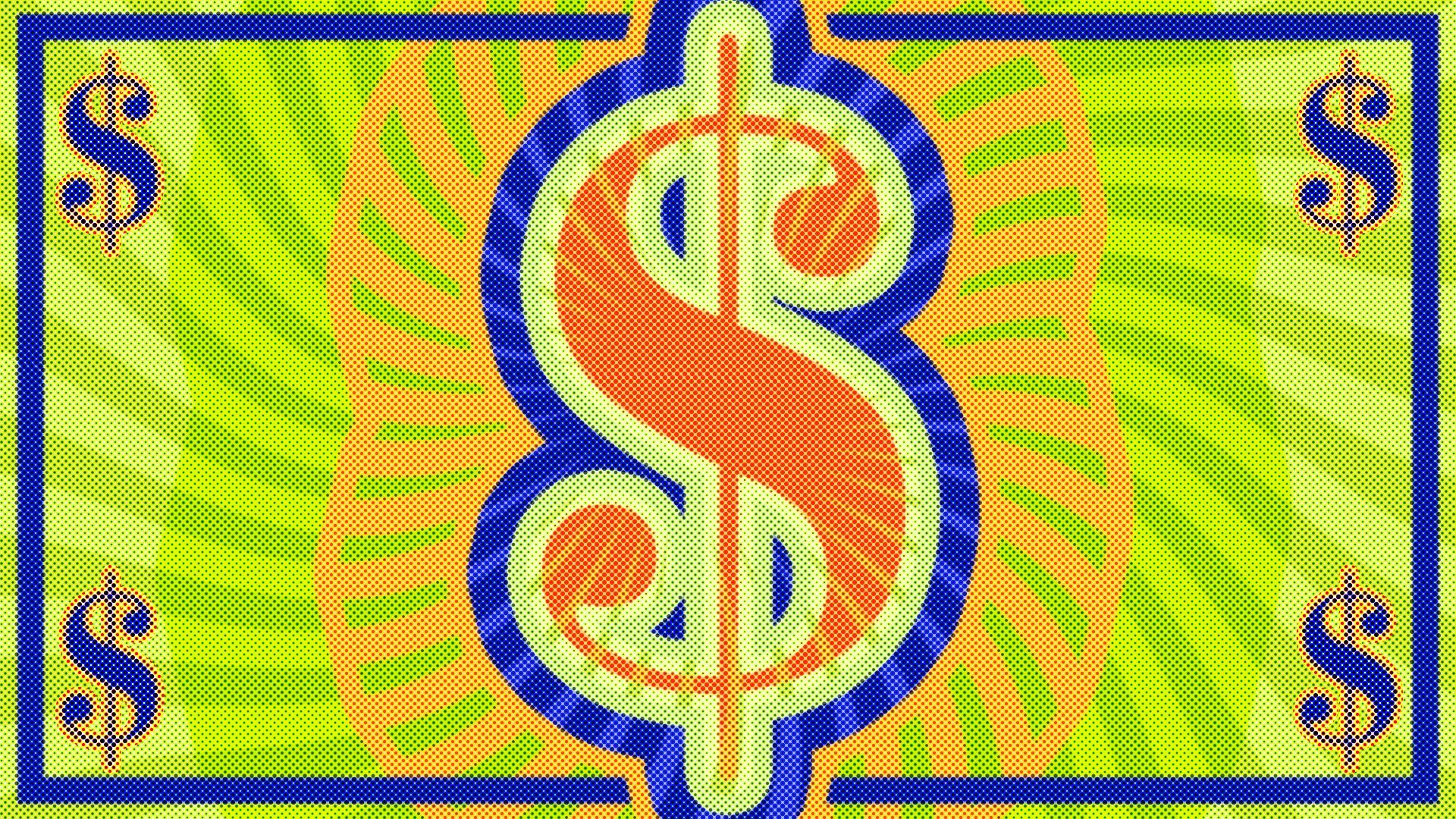 Illustration of a dollar bill in 1970s aesthetic style. 