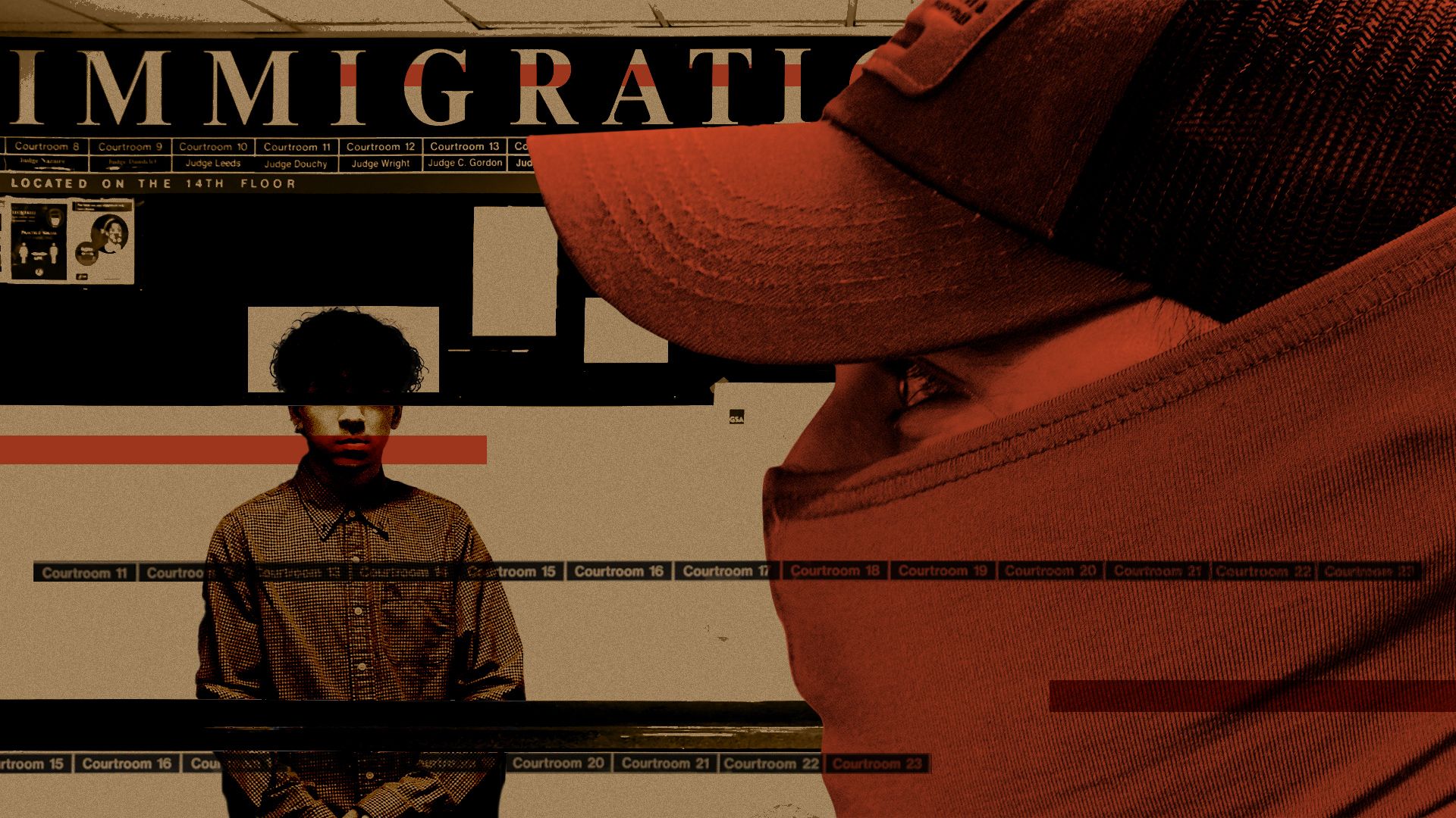 Digital art showing a young man in a checkered shirt and another person wearing a red cap and face covering, with large text "IMMIGRATION" and courtroom listings in the background.