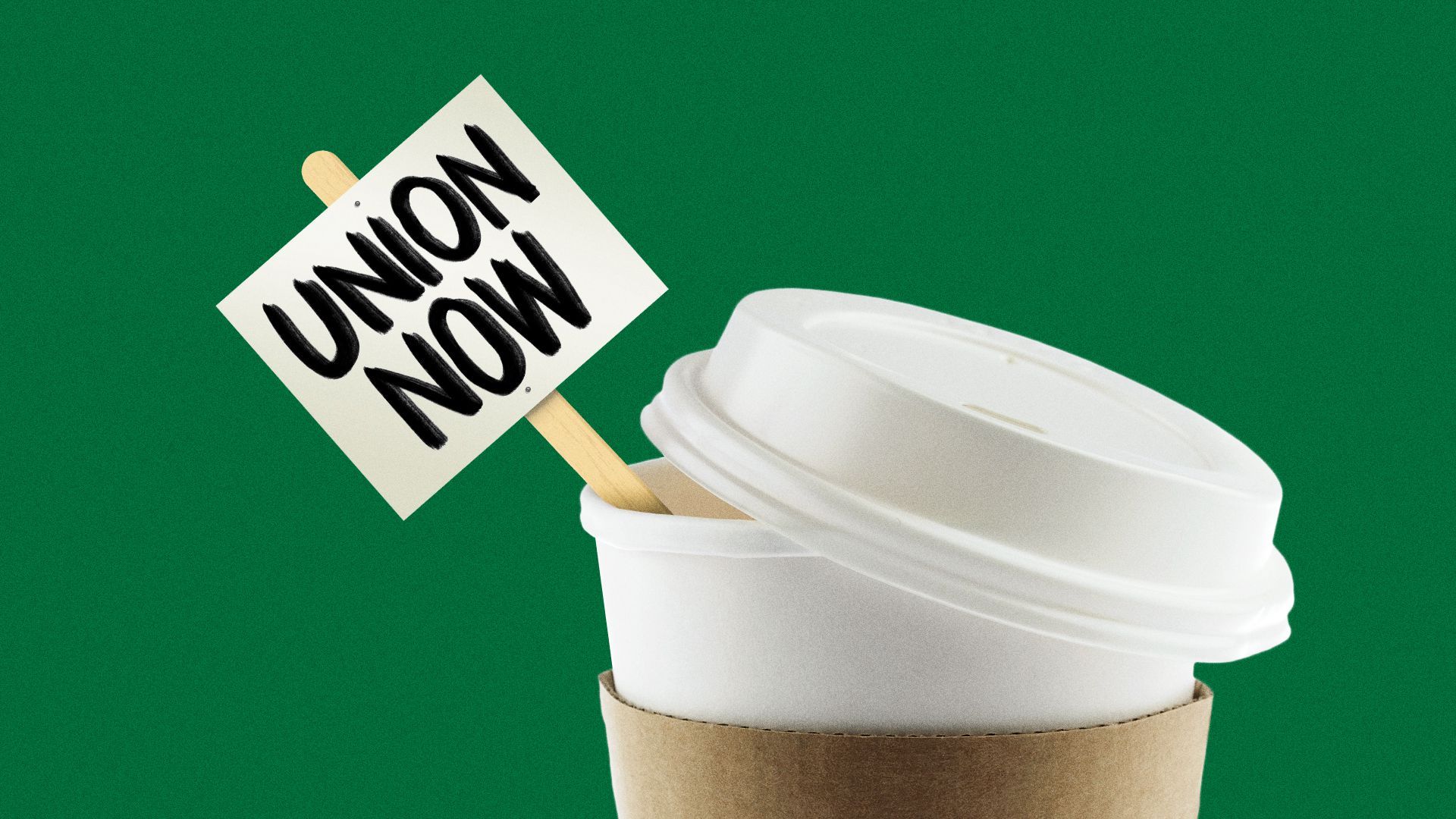 Illustration of a union protest sign attached to a coffee stirrer in a to-go cup.