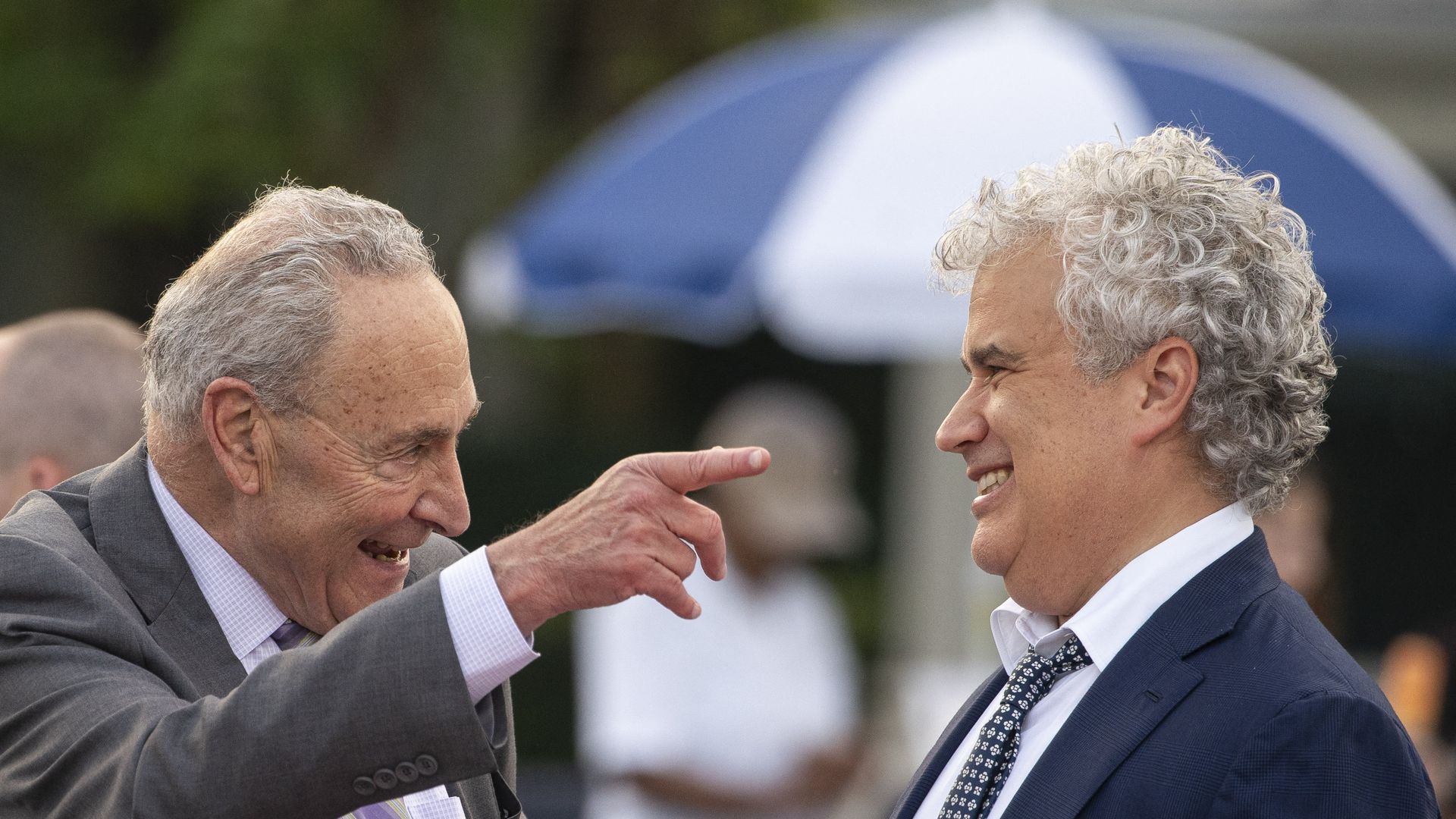 Senate Majority Leader Chuck Schumer, a Democrat from New York, speaks with Jeff Zients, White House chief of staff, during the White House Congressional Picnic on the South Lawn of the White House in Washington