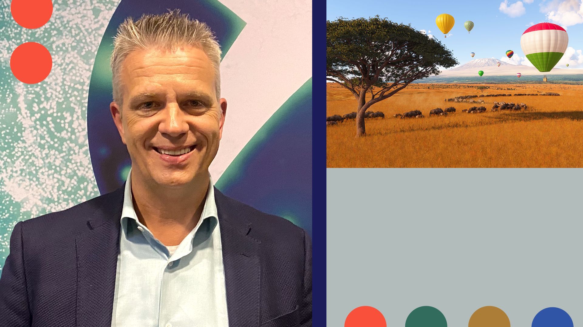 Photo illustration of Matt Booty with a screenshot from Microsoft Flight Simulator and abstract shapes.