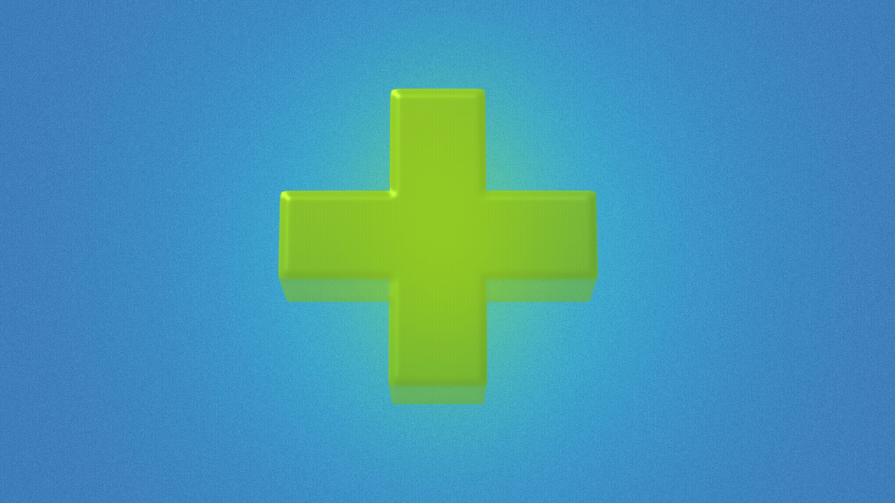 Animated illustration of a rotating Sims glowing plumbob in the shape of a health plus. 