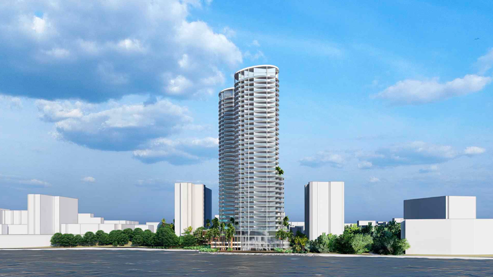 A rendering of two very tall, oval-shaped gray buildings on the water's edge, surrounded by shorter white buildings and groves of palm and other trees.