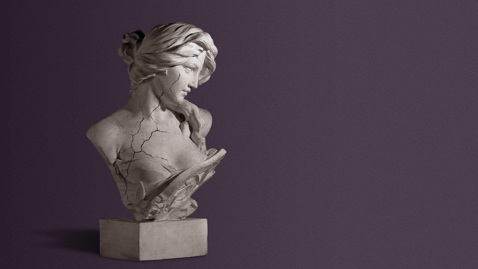 Illustration of a stone sculpture of a woman, with a large crack running through it.