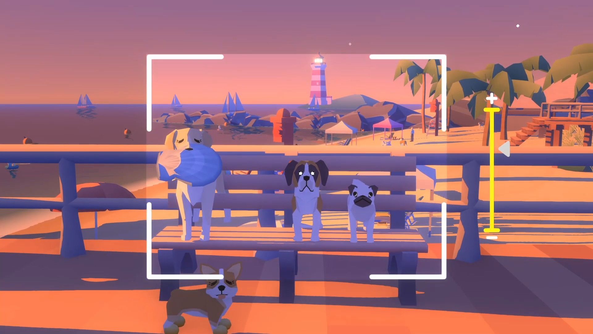 Video game screenshots of dogs on a park bench, being viewed through a camera