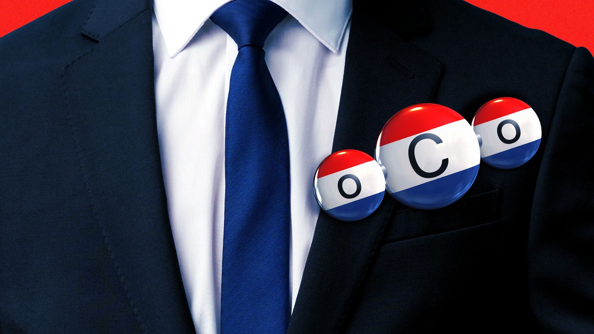 Illustration of a politician wearing a political pin the shape of a carbon dioxide molecule 