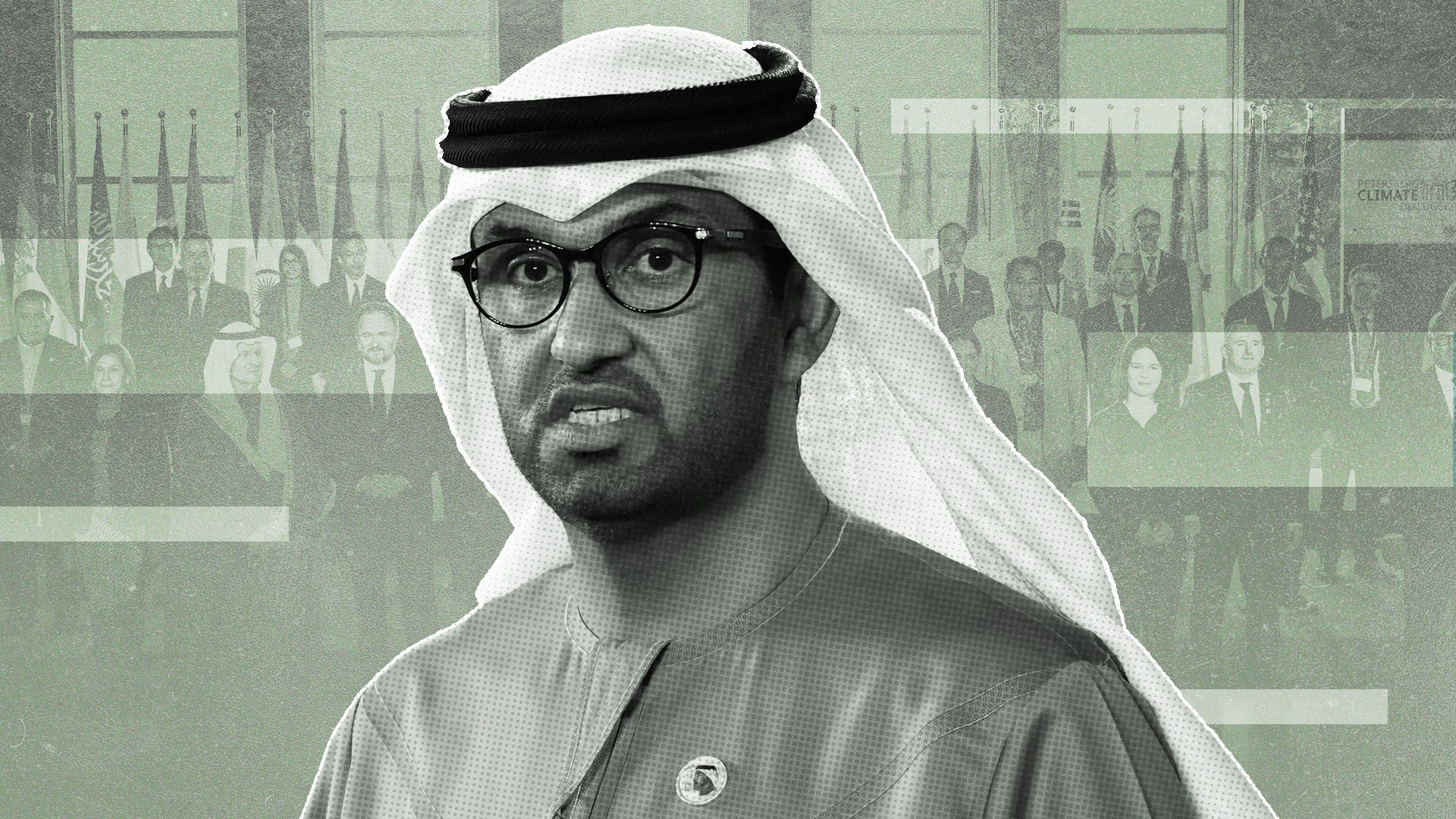 an illustration of Sultan Ahmed al-Jaber in front of a group photo of the COP28 summit