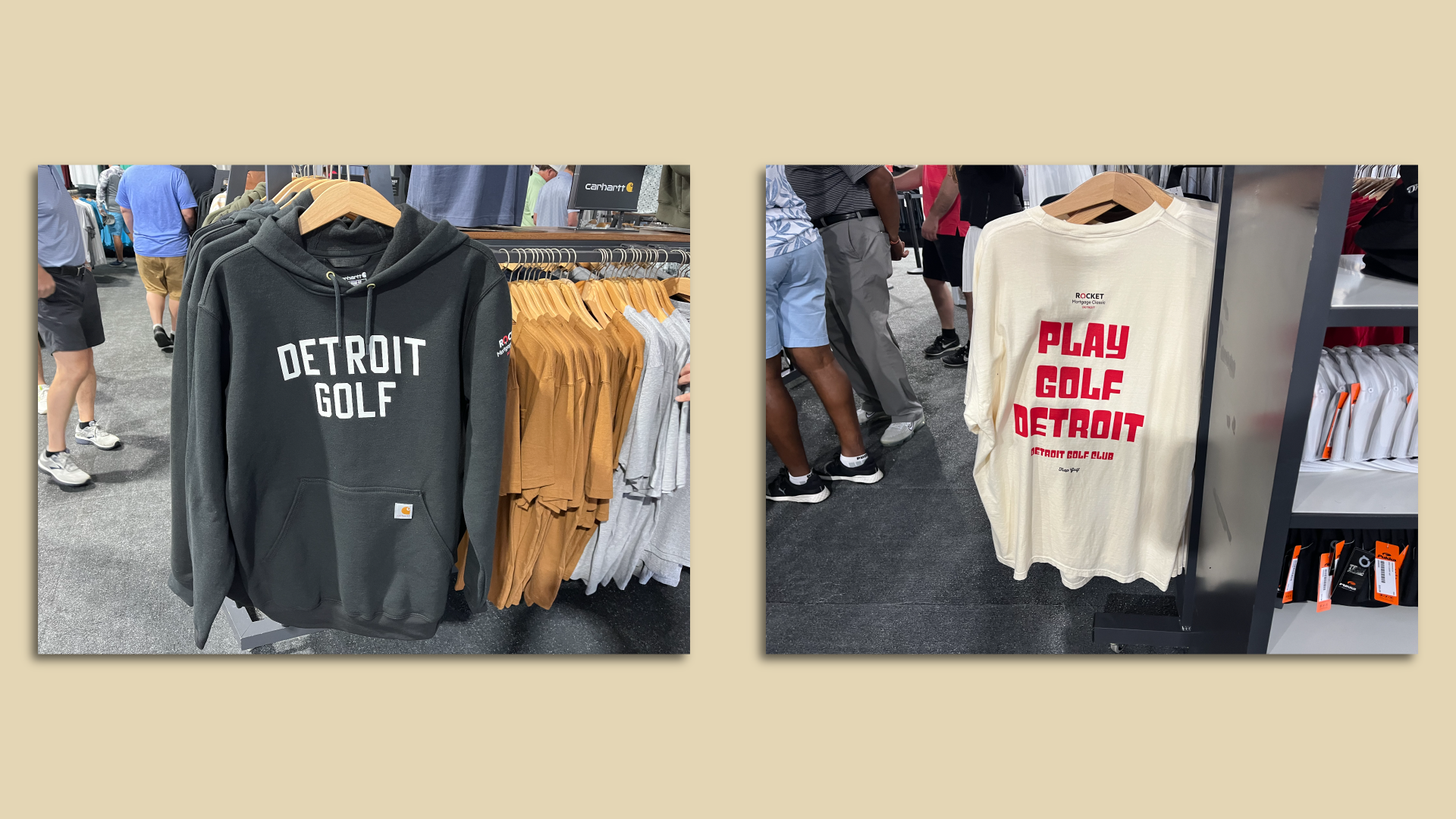 A Carhartt hoodie, left, and a Trap Golf shirt for sale at the merchandise tent near the event's entrance.
