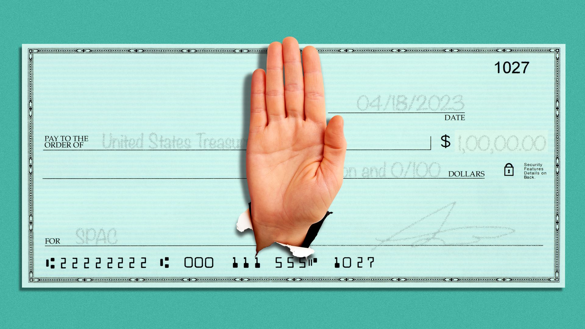 Illustration of a check made out to the United States Treasury with a hand ripping through