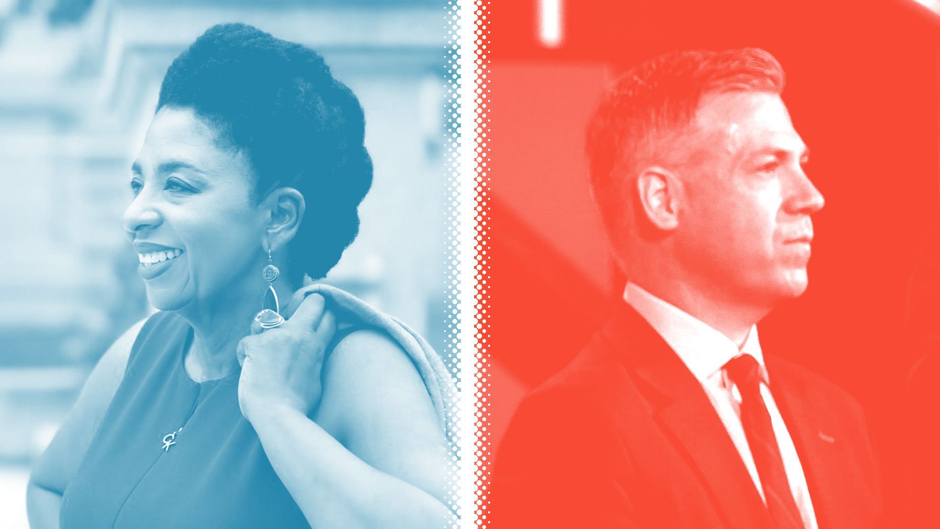Photo illustration of Valerie McCray and Jim Banks.