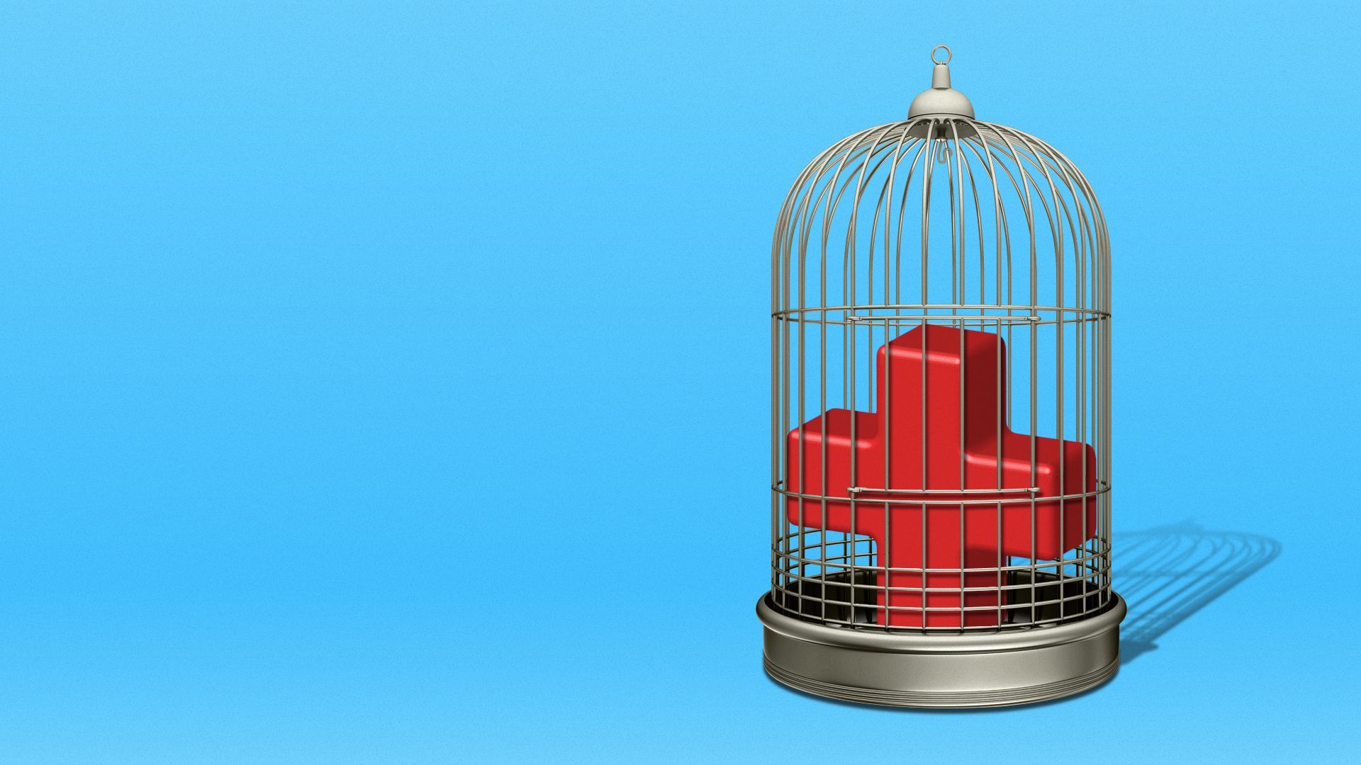 Illustration of a medical red cross enclosed in a birdcage.