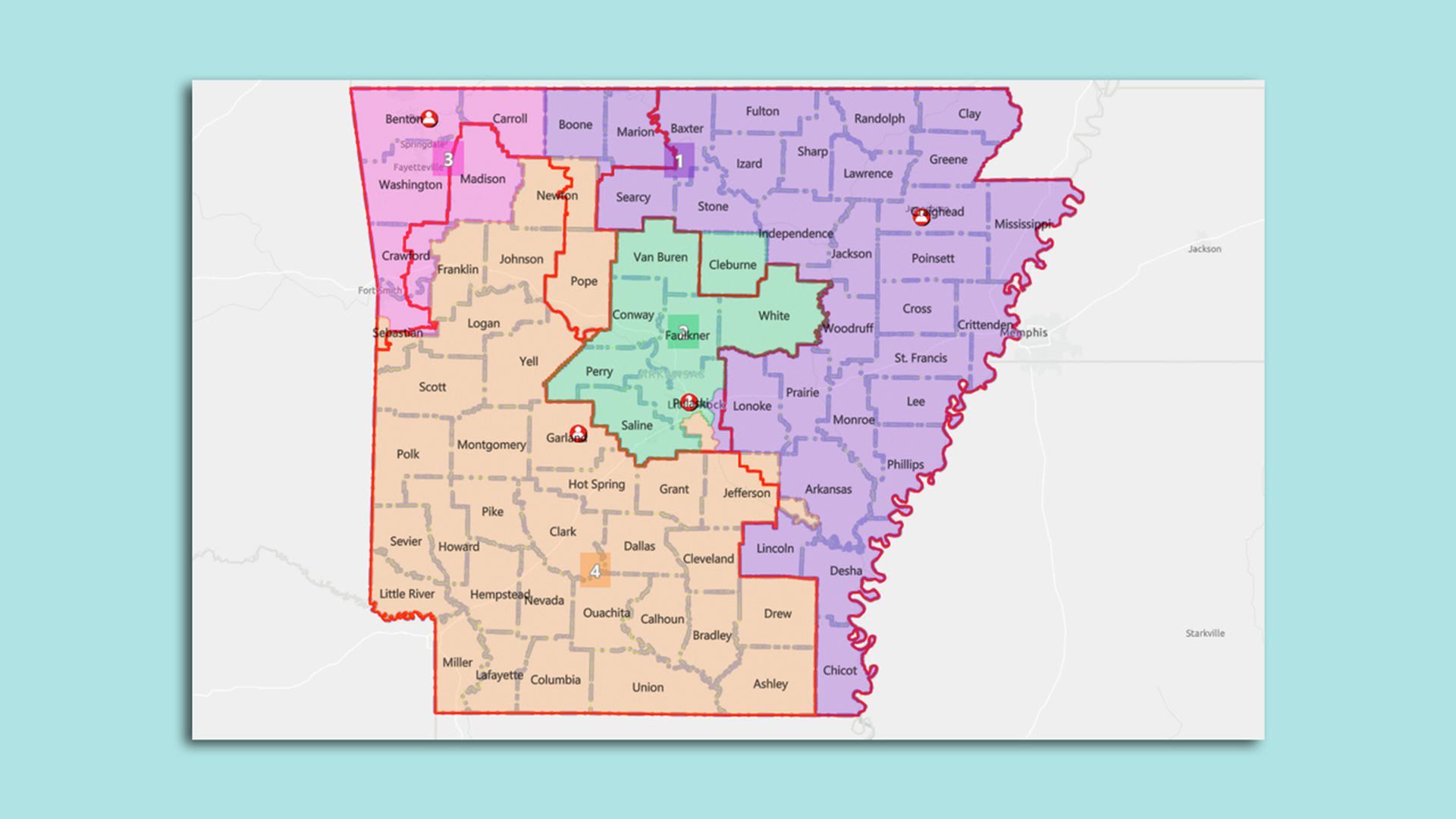 The current congressional map for Arkansas. 