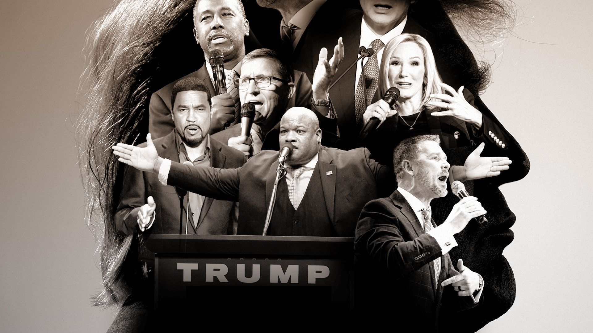 Photo Illustration of Ben Carson, Darrell Scott, Michael Flynn, Paula White-Caine, Mark Burns and Greg Locke within the silhouette of Donald Trump