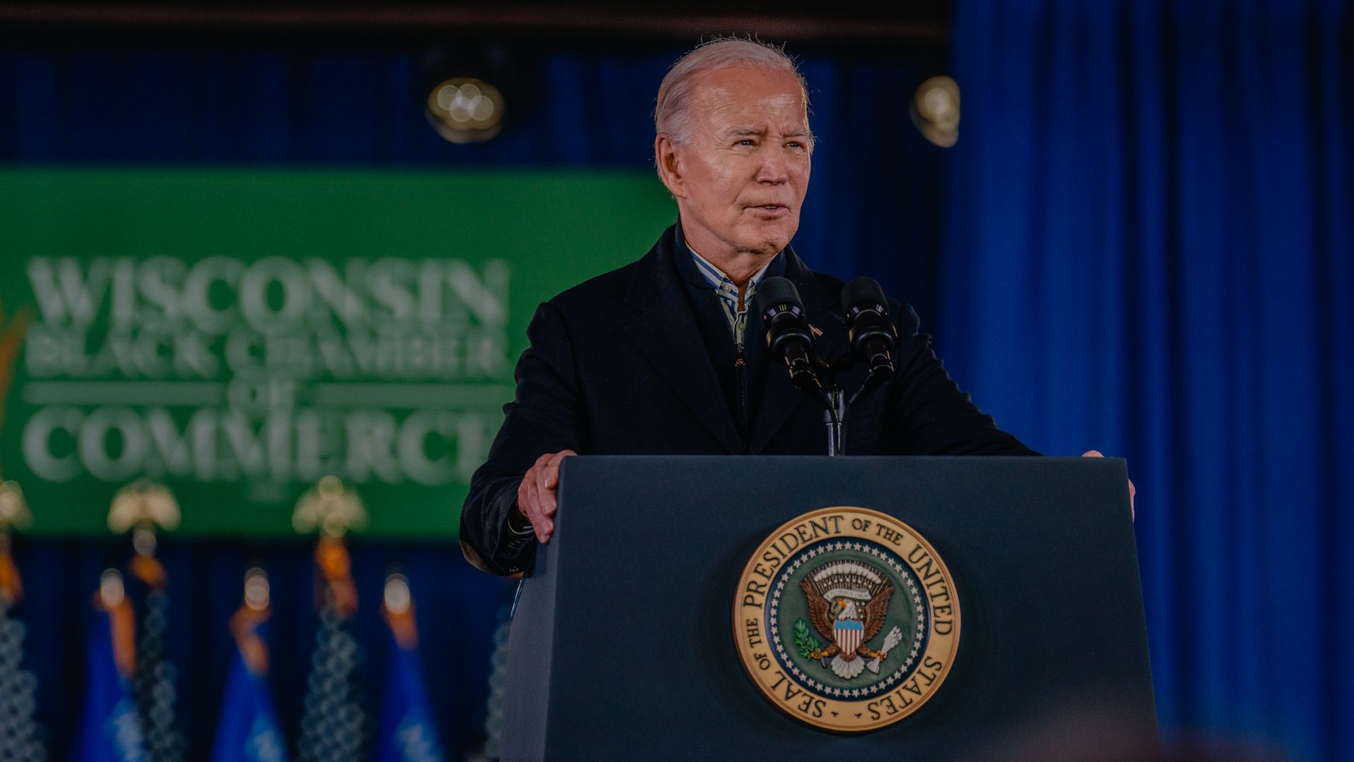 President Joe Biden speaks at an economic event at the Wisconsin Black Chamber of Commerce in Milwaukee, Wisconsin, US, on Wednesday, Dec. 20, 2023. 