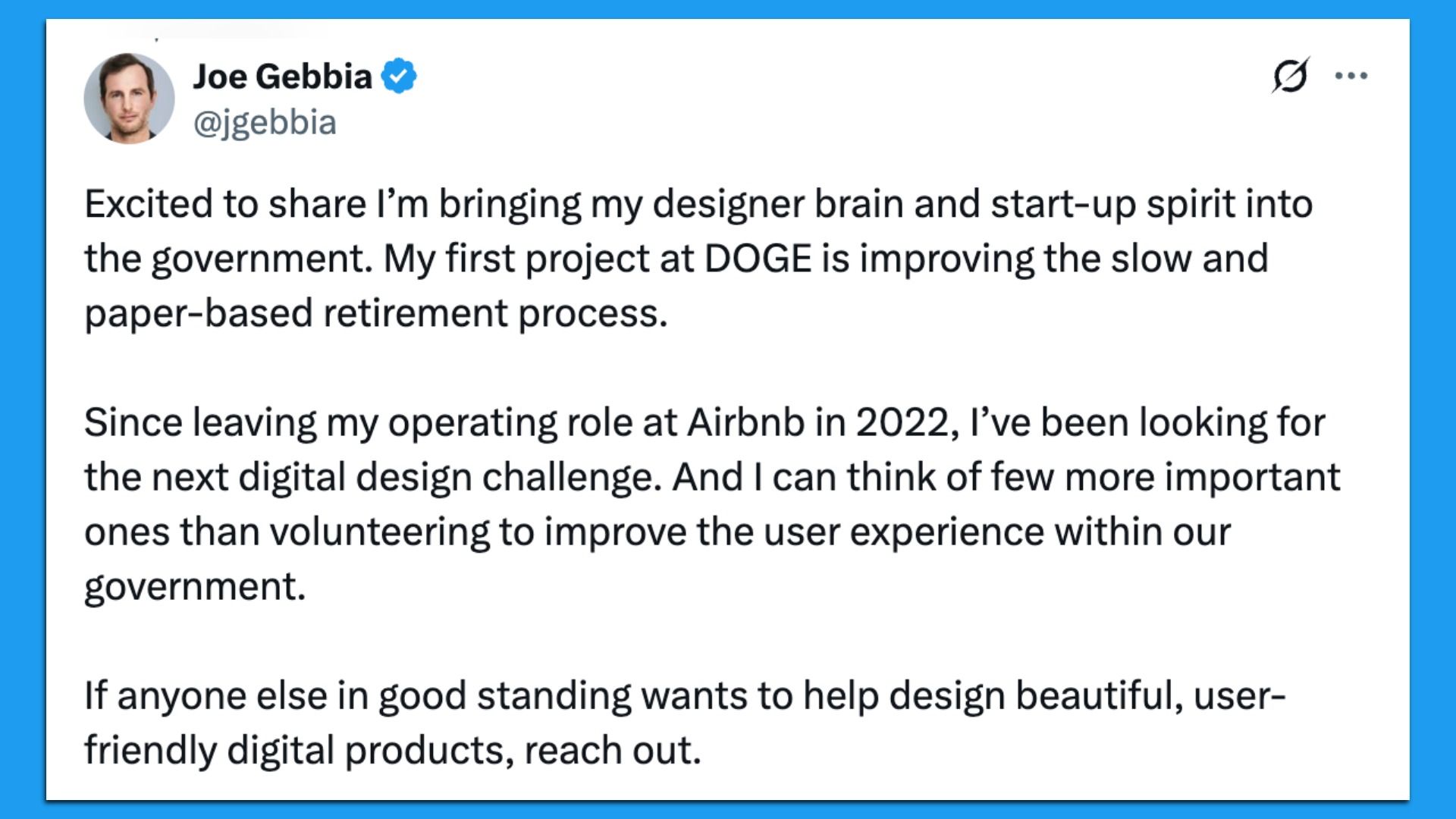 Gebbia's post on X when he joined DOGE in February.