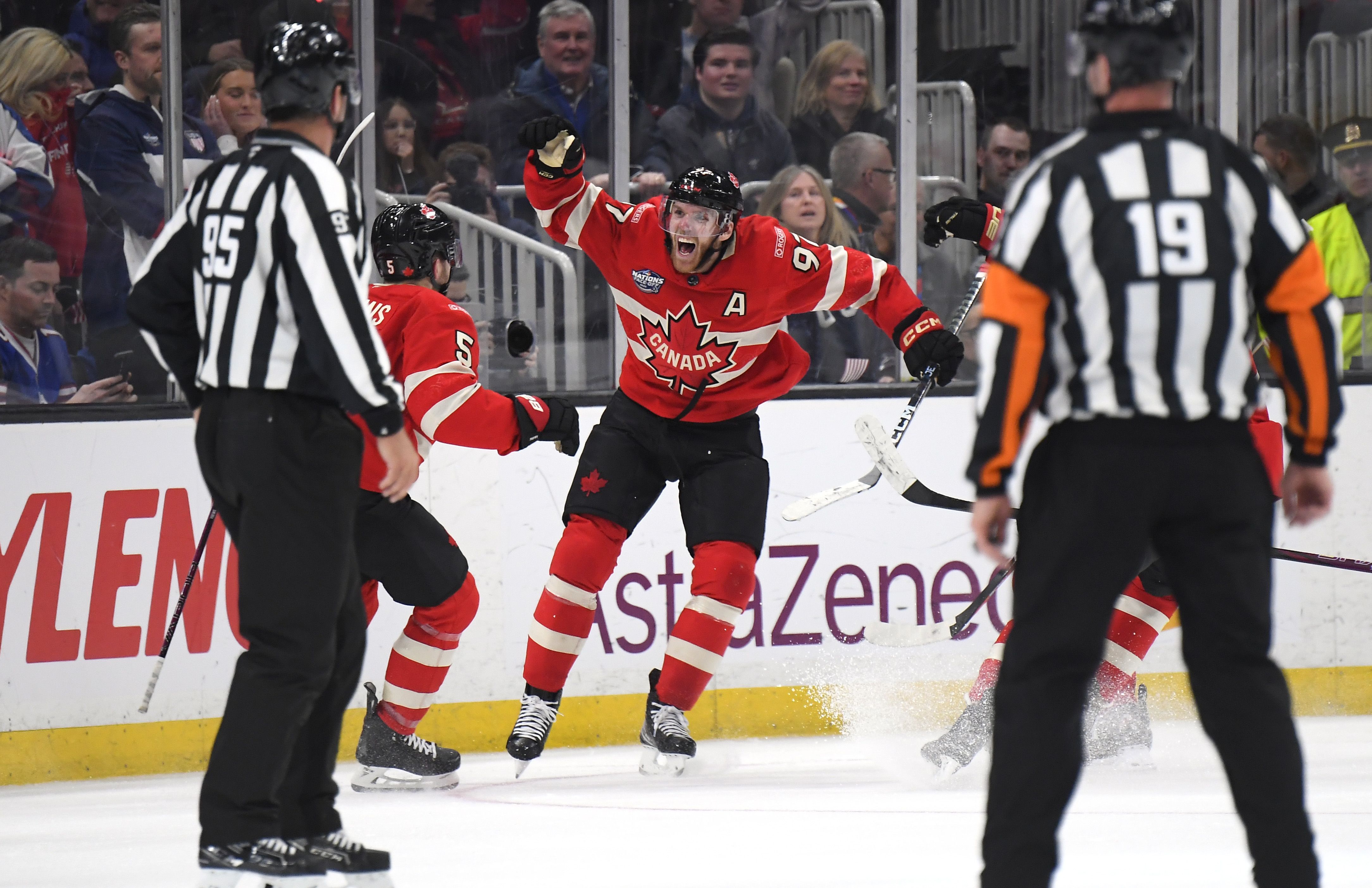 Canada's Connor McDavid celebrates after scoring the game-winning goal in overtime against Team USA last night.