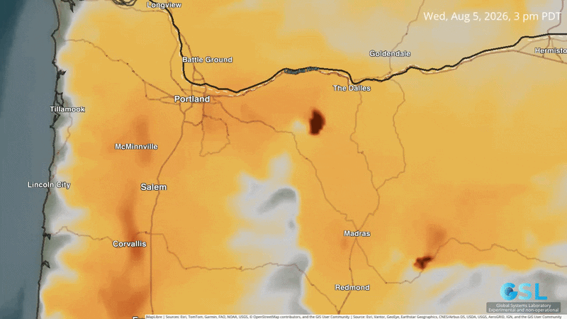 Animated gif shows smoke forecast for the Portland area with orange and brown indicators of smoke swirling over the region.