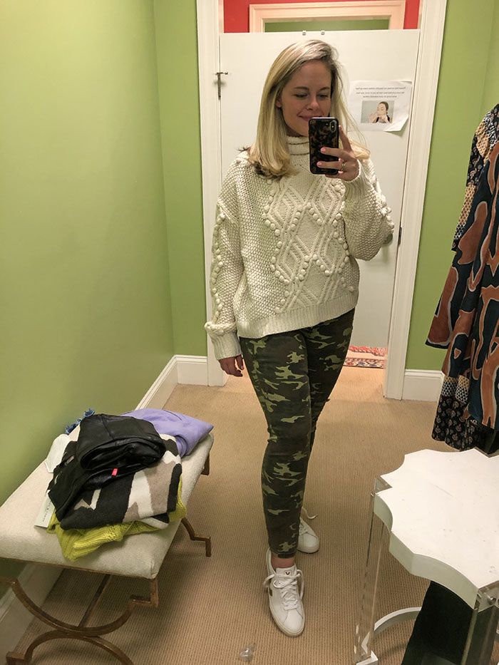 Charlotte's camo print pants and cable knit sweater