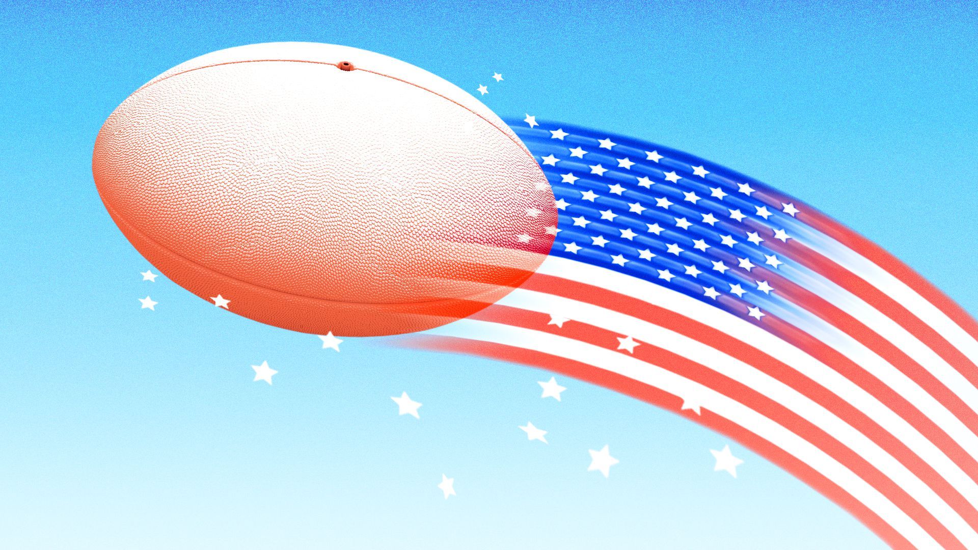 Illustration of a rugby ball mid-flight in the air with a U.S. flag trailing behind in place of motion lines