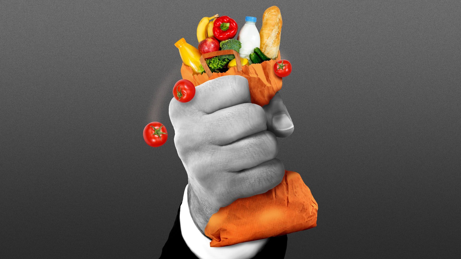 Illustration of a giant hand crushing a small bag of groceries