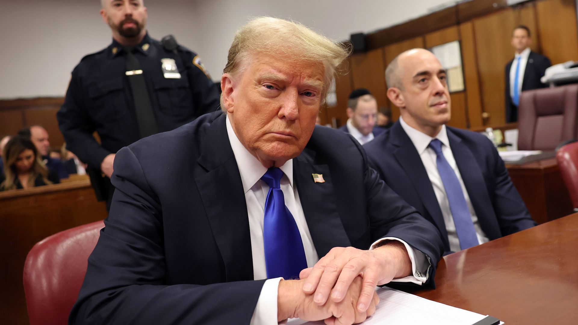 NEW YORK, NEW YORK - MAY 30: Former U.S. President Donald Trump sits in the courtroom during his hush money trial at Manhattan Criminal Court on May 30, 2024 in New York City. The second day of jury deliberations in the hush money trial of the former president are underway. Michael Cohen's $130,000 