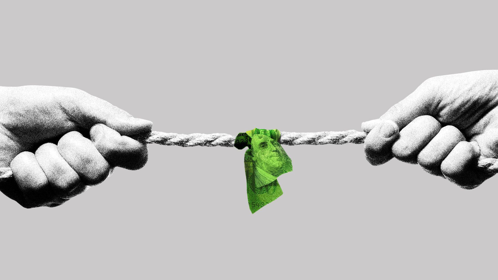 Illustration of two hands pulling on either side of a rope with a hundred dollar bill tied in the middle