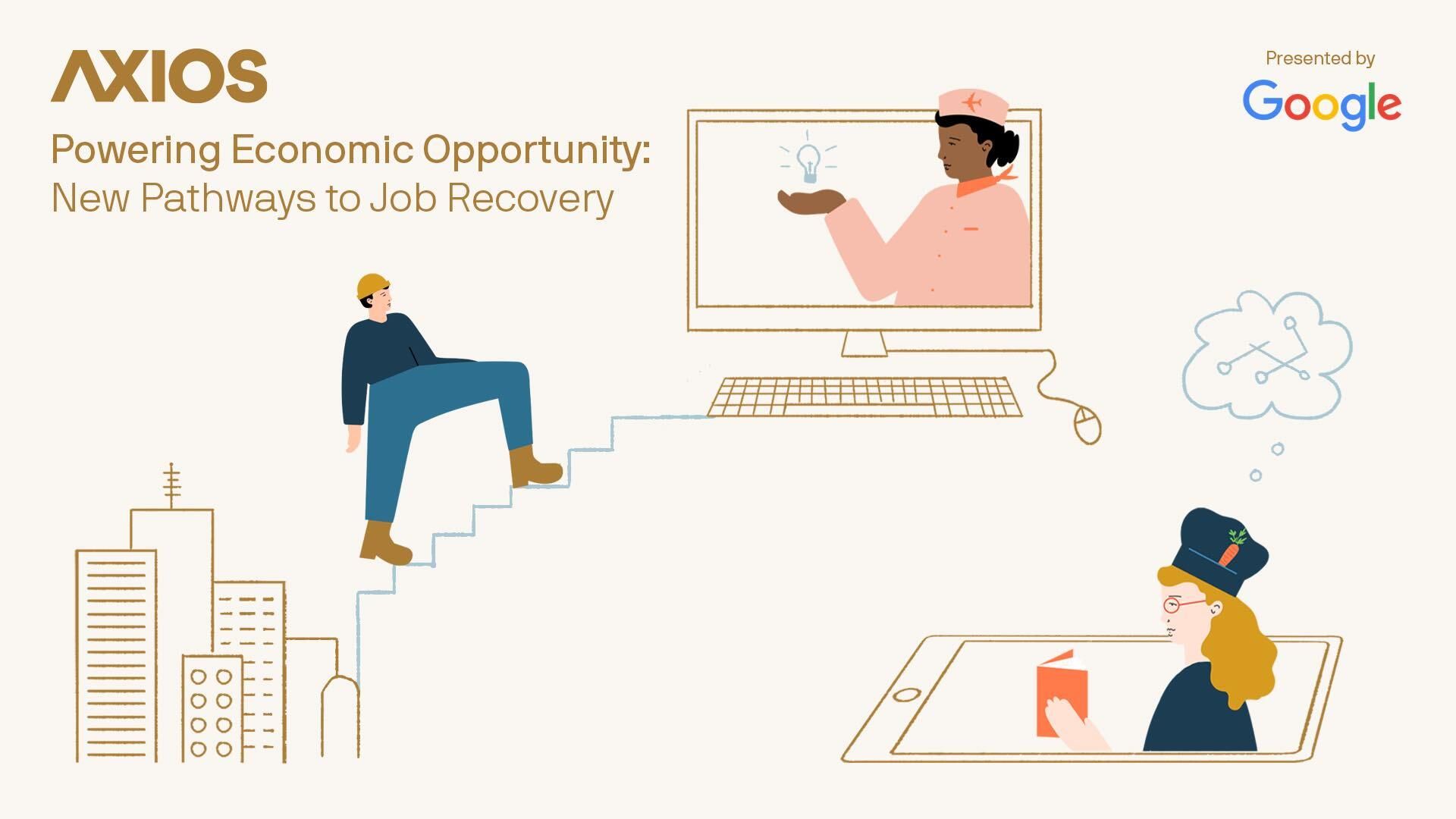 Drawing of cartoon-like people climbing stairs with a building in the back. The title reads: Powering Economic Opportunity: New Pathways to Job Recovery.