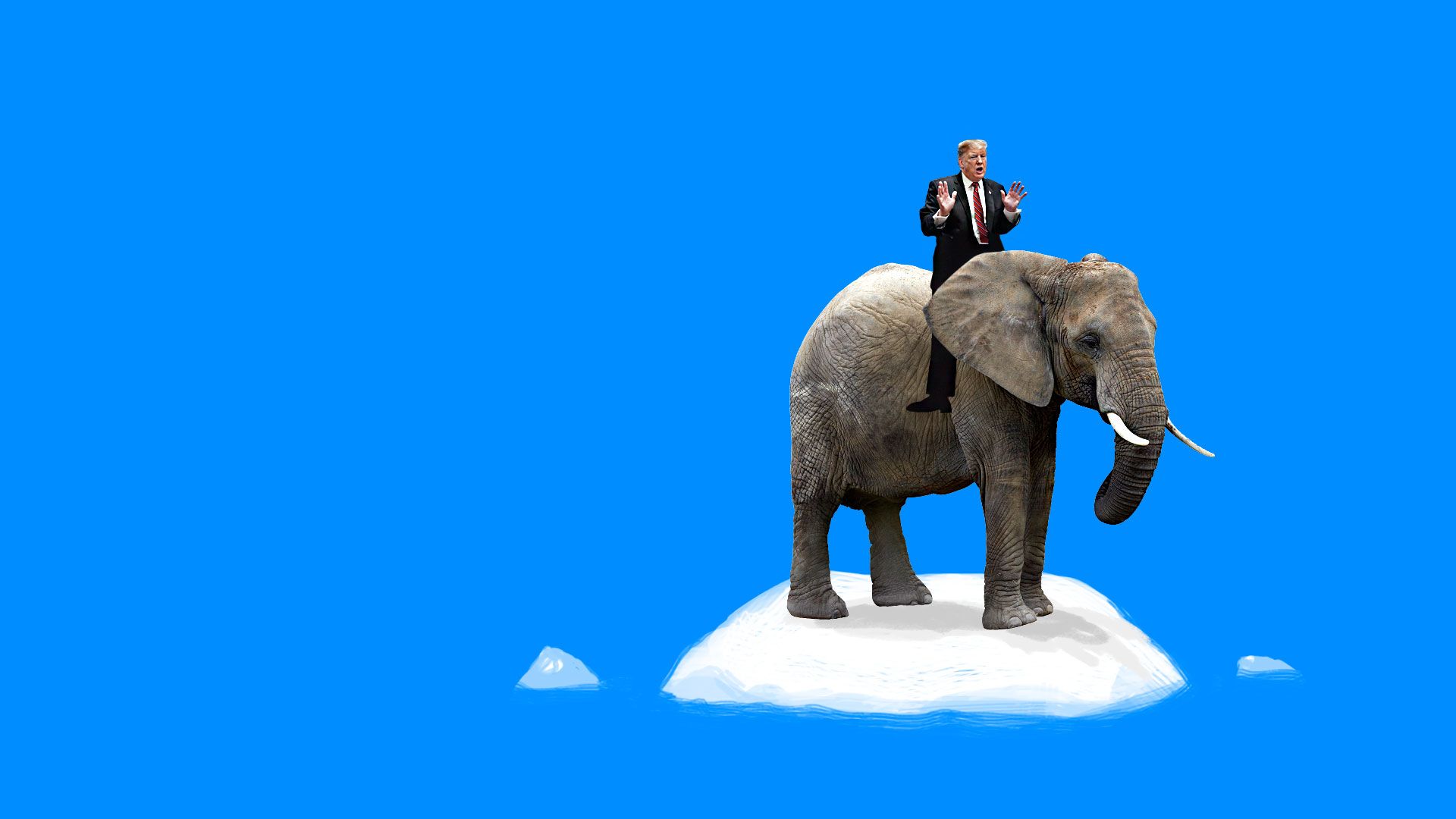 Trump riding an elephant while floating on a sheet of ice