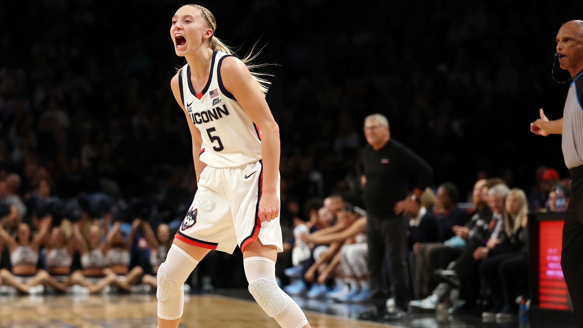 Paige Bueckers screams during a game for the Uconn Huskies on December 07