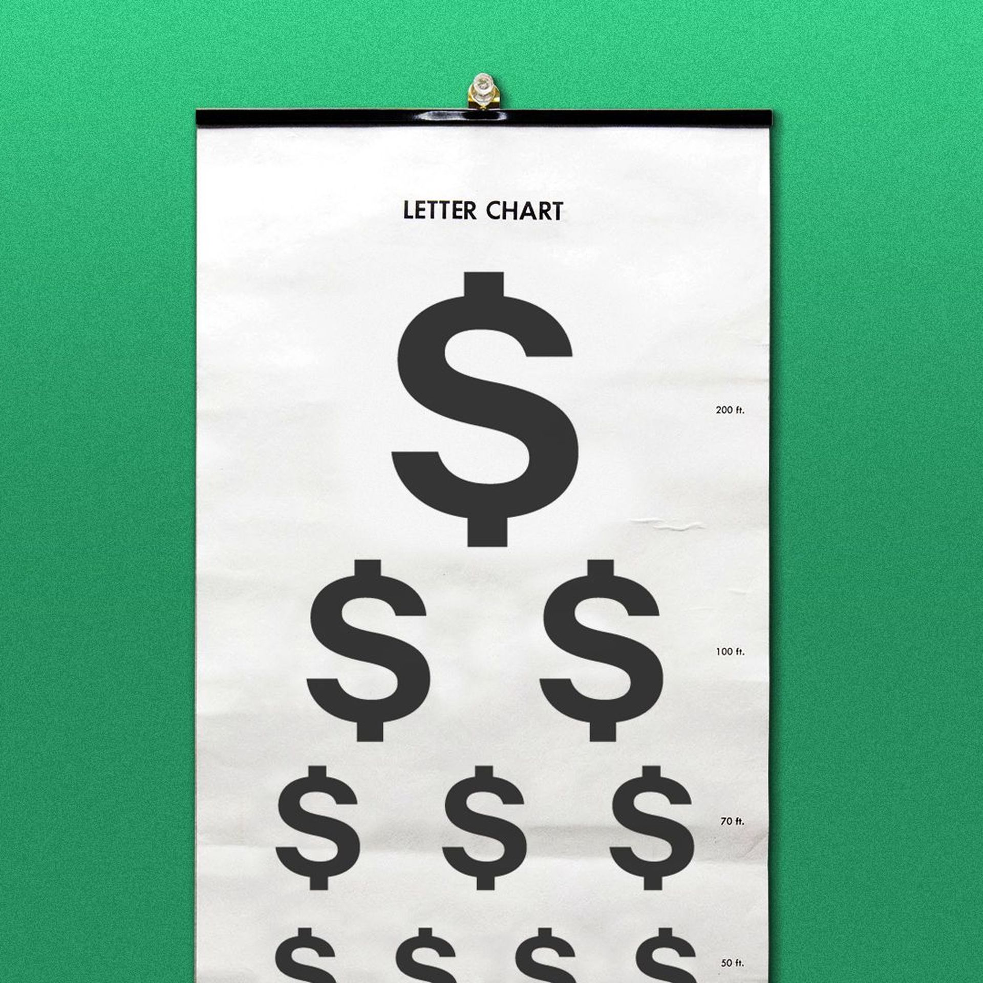 Illustration of an eye chart with dollar signs instead of letters.