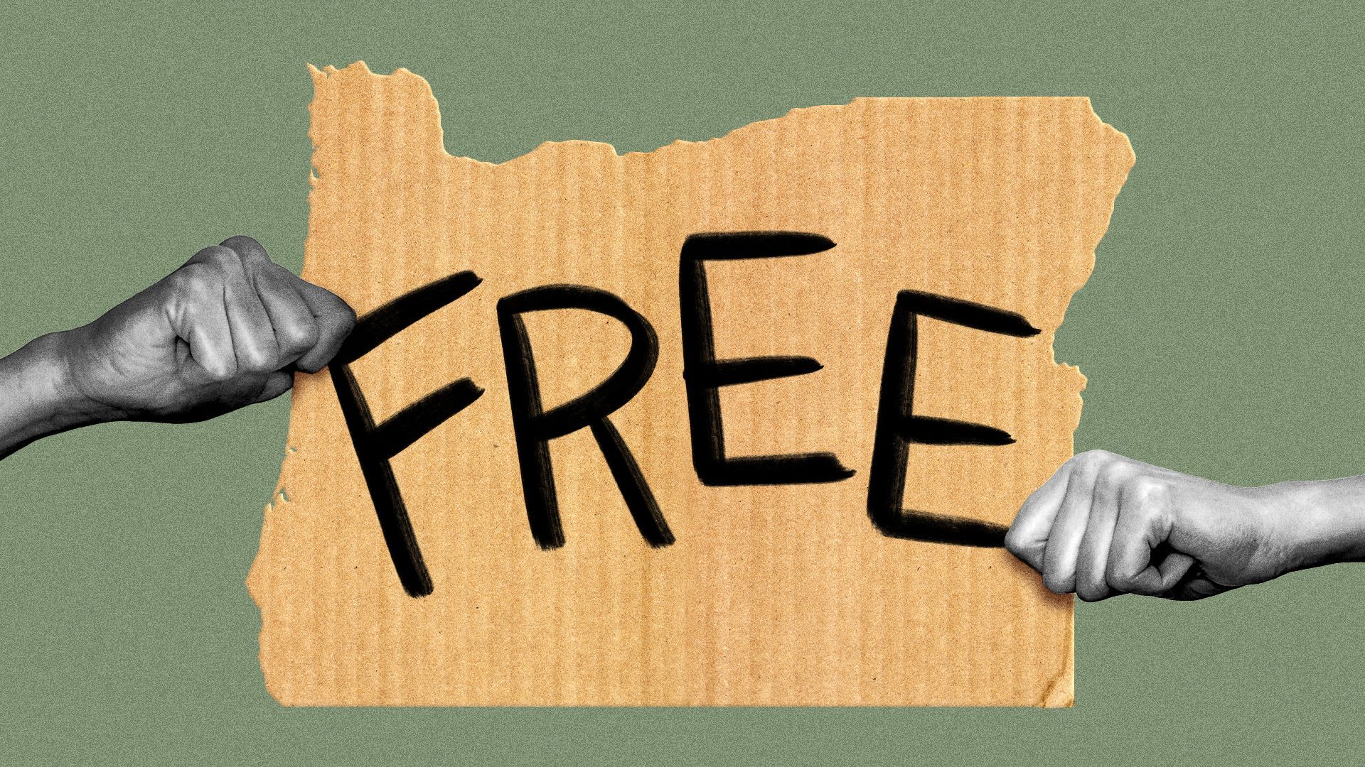 Illustration of two hands fighting over a "FREE" sign shaped like Oregon.