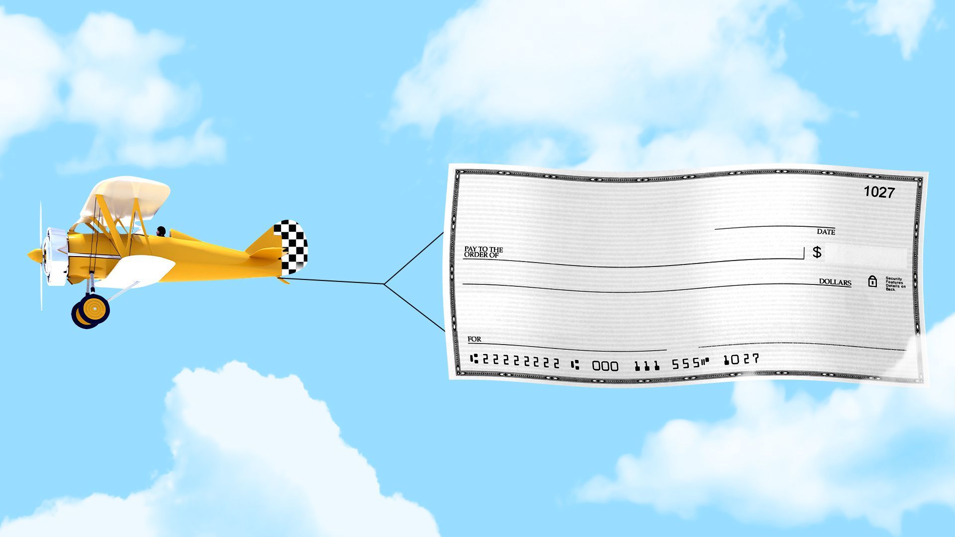 Illustration of an airplane in the air with a blank check flailing behind as a banner. 