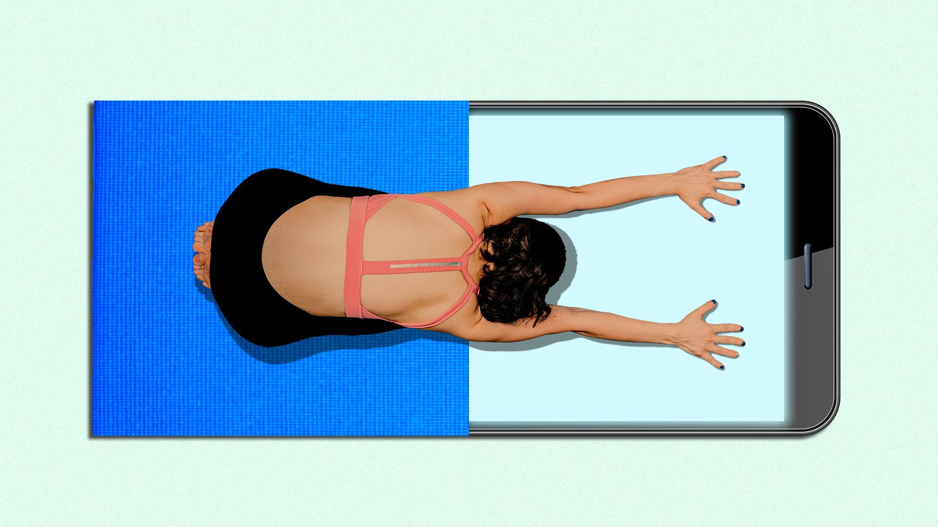 Illustration of a woman doing yoga on mat that is half a cellphone