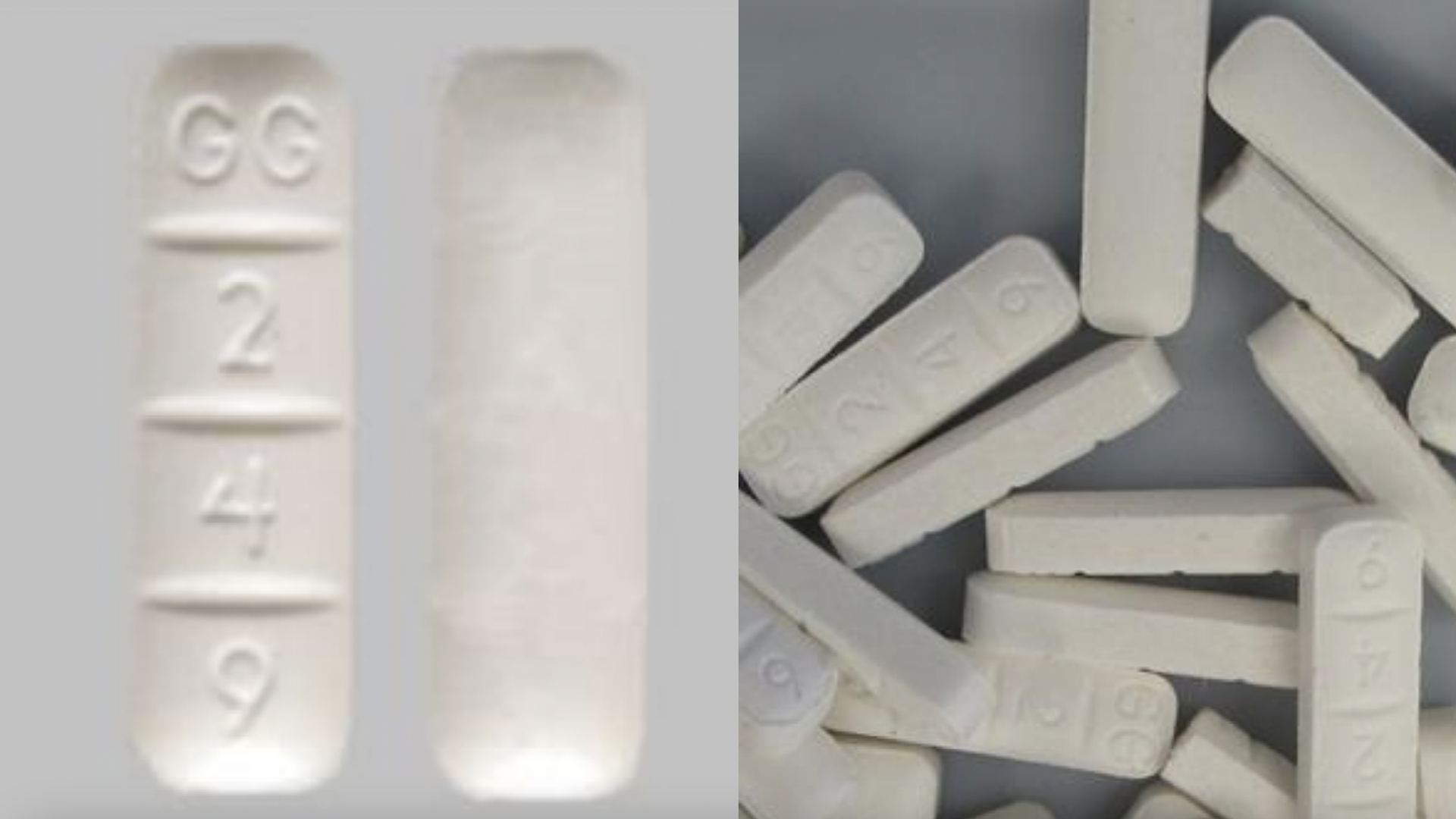 Prescription pills shown side by side with virtually identical counterfeit lookalikes.