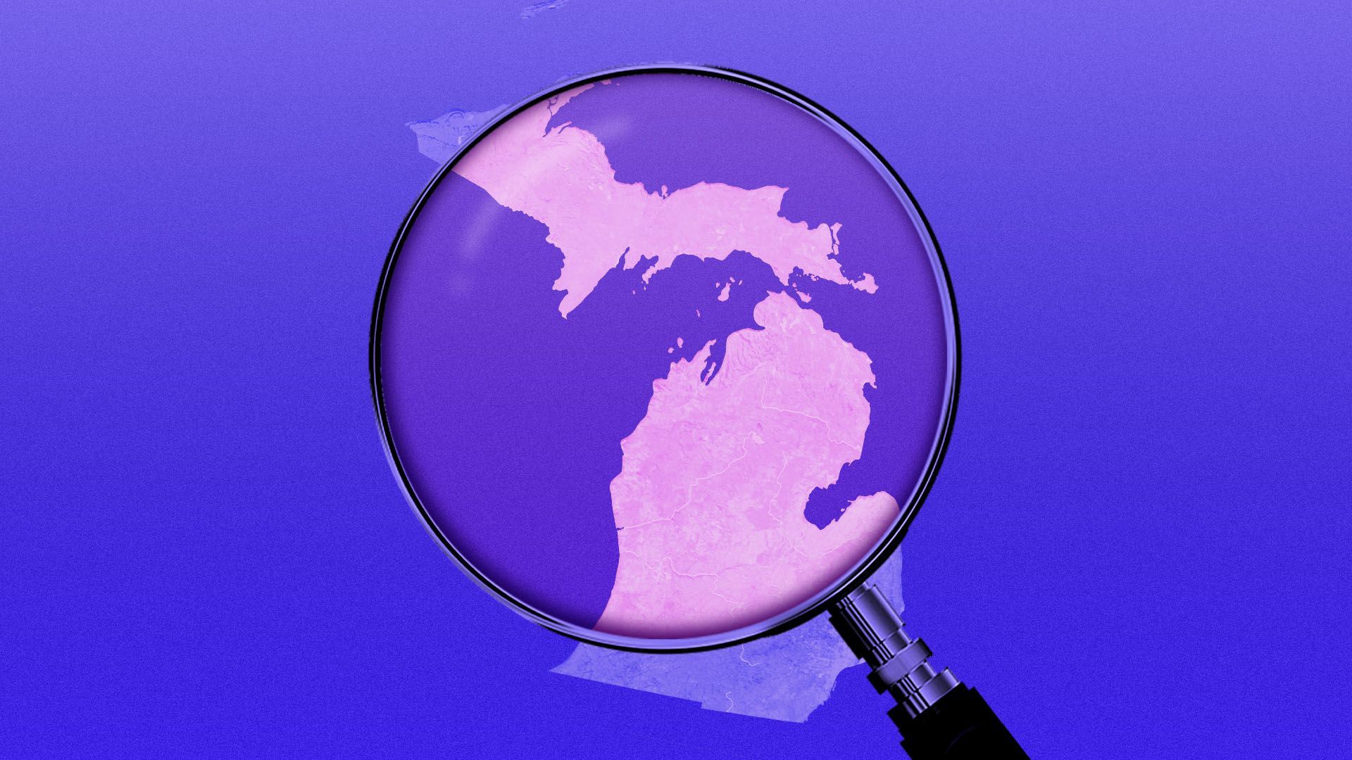 Illustration of a magnifying glass examining the state of Michigan