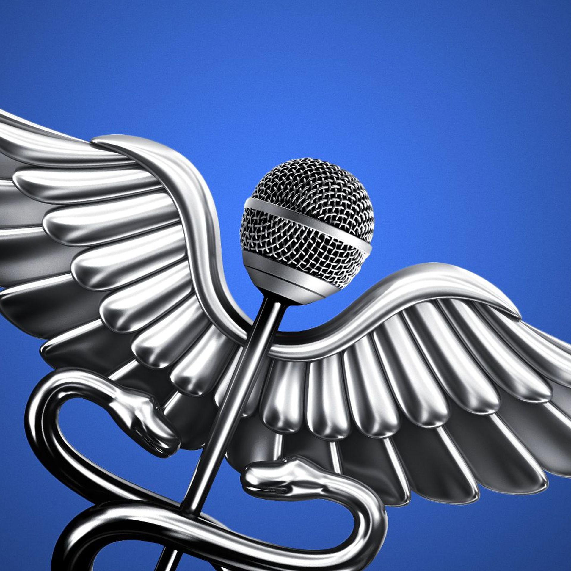 Illustration of a caduceus combined with a microphone at the top