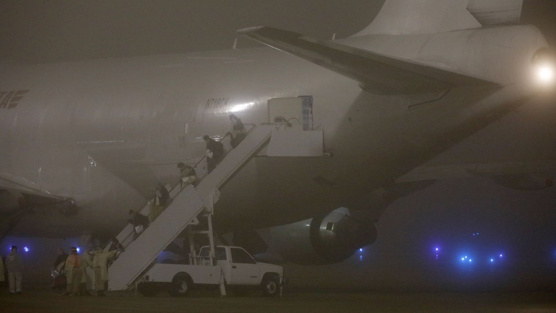 American evacuees from the Diamond Princess cruise ship arrive at Joint Base San Antonio-Lackland on February 17, 2020 in San Antonio, Texas.