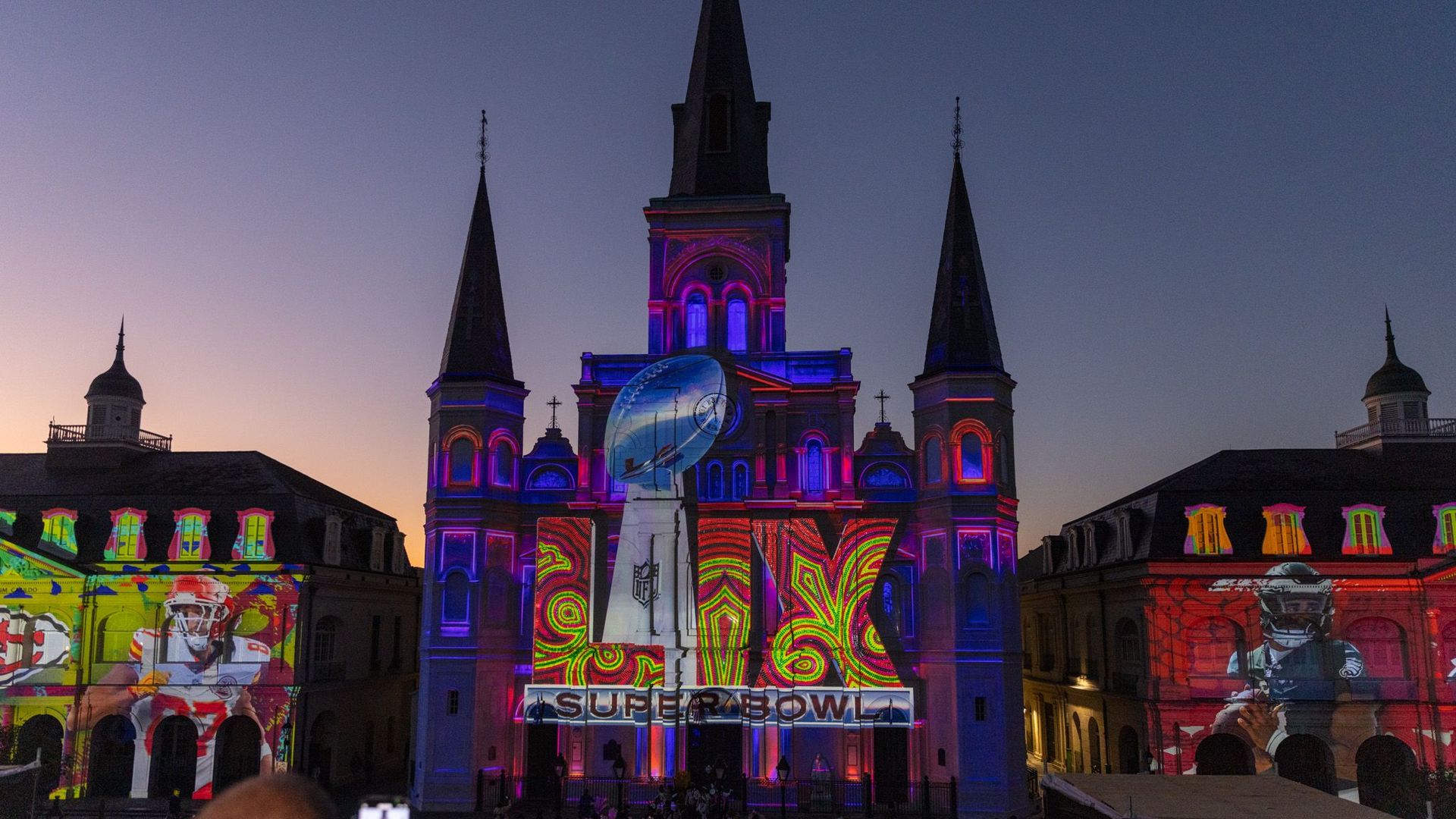 projection of super bowl lix logo in new orleans